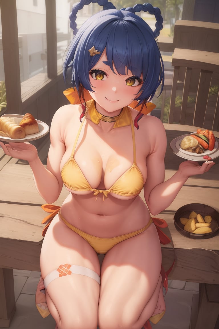 4k, fine detail, ultra high resolution, detailed face, delicate eyes, gradient eyes, gradient hair, light tracing,    real skin, beautiful skin,1girl, track pants, front, squat,Blue striped panties, yellow bikini underwear, light smile,The restaurant, the table, the foodxiangling \(genshin impact\),