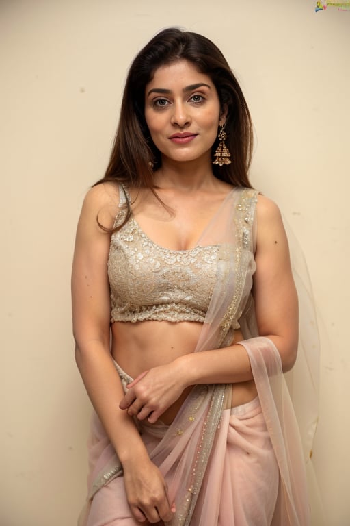 gorgeous girl in 20s, in beautiful saree, big eyes, long sharp nose, bright face, white skin, smooth long straight hair, perfect big breasts, wide hips, deep cleavage, small earrings, long necklace, realistic details, photo realistic in cotton grand transparent saree with thin strap bra, saree below navel, standing , full body, sensual smile,Detailedface,Realism,photorealistic,Portrait