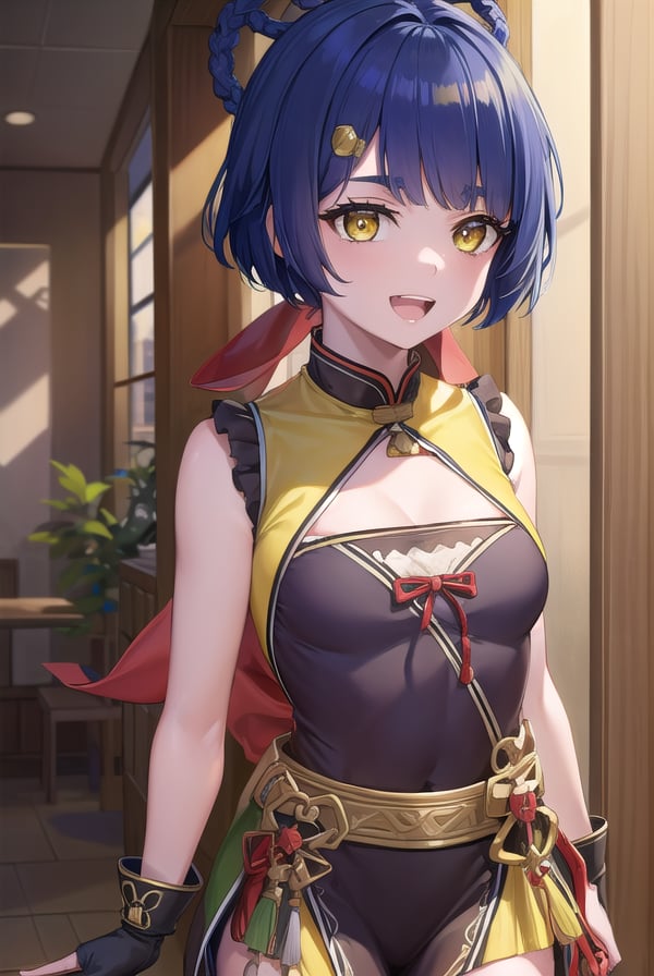 genshinxiangling, <lyco:genshinxiangling-lyco-nochekaiser:1>,xiangling, blue hair, braid, braided hair rings, hair ornament, hair rings, hairclip, (yellow eyes:1.5), (small breasts:1.2), <lora:talkmouth_A_v100:1>, open mouth,BREAK arm strap, bare shoulders, bell, belt, black footwear, black gloves, boots, brown belt, cleavage, cleavage cutout, clothing cutout, dress, fingerless gloves, gloves, high heels, jingle bell, thigh strap,BREAK looking at viewer, (cowboy shot:1.5),BREAK indoors, restaurant,BREAK <lyco:GoodHands-beta2:1>, (masterpiece:1.2), best quality, high resolution, unity 8k wallpaper, (illustration:0.8), (beautiful detailed eyes:1.6), extremely detailed face, perfect lighting, extremely detailed CG, (perfect hands, perfect anatomy),