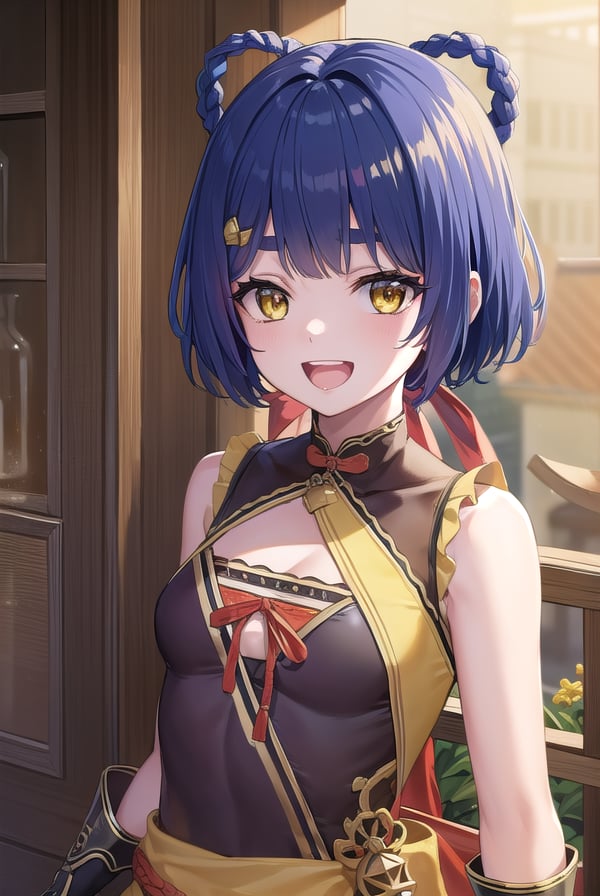 genshinxiangling, <lyco:genshinxiangling-lyco-nochekaiser:1>,xiangling, blue hair, braid, braided hair rings, hair ornament, hair rings, hairclip, (yellow eyes:1.5), (small breasts:1.2), <lora:talkmouth_A_v100:1>, open mouth,BREAK arm strap, bare shoulders, bell, belt, black footwear, black gloves, boots, brown belt, cleavage, cleavage cutout, clothing cutout, dress, fingerless gloves, gloves, high heels, jingle bell, thigh strap,BREAK looking at viewer, (cowboy shot:1.5),BREAK indoors, restaurant,BREAK <lyco:GoodHands-beta2:1>, (masterpiece:1.2), best quality, high resolution, unity 8k wallpaper, (illustration:0.8), (beautiful detailed eyes:1.6), extremely detailed face, perfect lighting, extremely detailed CG, (perfect hands, perfect anatomy),