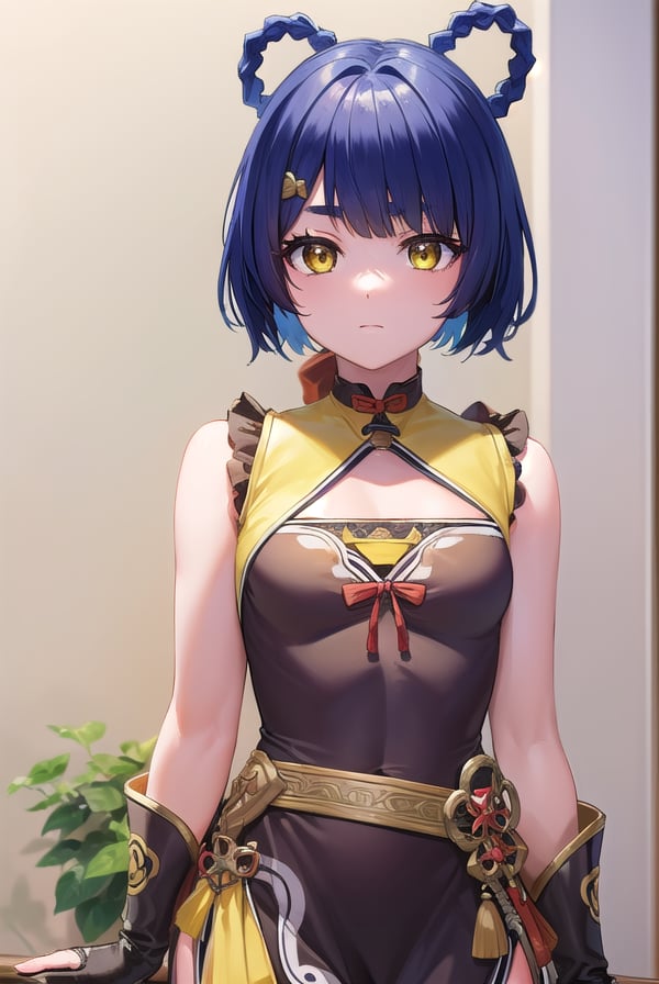 genshinxiangling, <lyco:genshinxiangling-lyco-nochekaiser:1>,xiangling, blue hair, braid, braided hair rings, hair ornament, hair rings, hairclip, (yellow eyes:1.5), (small breasts:1.2),BREAK arm strap, bare shoulders, bell, belt, black footwear, black gloves, boots, brown belt, cleavage, cleavage cutout, clothing cutout, dress, fingerless gloves, gloves, high heels, jingle bell, thigh strap,BREAK looking at viewer, (cowboy shot:1.5),BREAK indoors, restaurant,BREAK <lyco:GoodHands-beta2:1>, (masterpiece:1.2), best quality, high resolution, unity 8k wallpaper, (illustration:0.8), (beautiful detailed eyes:1.6), extremely detailed face, perfect lighting, extremely detailed CG, (perfect hands, perfect anatomy),