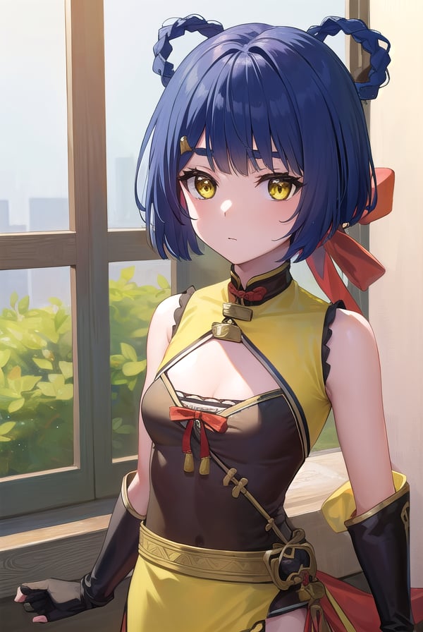 genshinxiangling, <lyco:genshinxiangling-lyco-nochekaiser:1>,xiangling, blue hair, braid, braided hair rings, hair ornament, hair rings, hairclip, (yellow eyes:1.5), (small breasts:1.2),BREAK arm strap, bare shoulders, bell, belt, black footwear, black gloves, boots, brown belt, cleavage, cleavage cutout, clothing cutout, dress, fingerless gloves, gloves, high heels, jingle bell, thigh strap,BREAK looking at viewer, (cowboy shot:1.5),BREAK indoors, restaurant,BREAK <lyco:GoodHands-beta2:1>, (masterpiece:1.2), best quality, high resolution, unity 8k wallpaper, (illustration:0.8), (beautiful detailed eyes:1.6), extremely detailed face, perfect lighting, extremely detailed CG, (perfect hands, perfect anatomy),