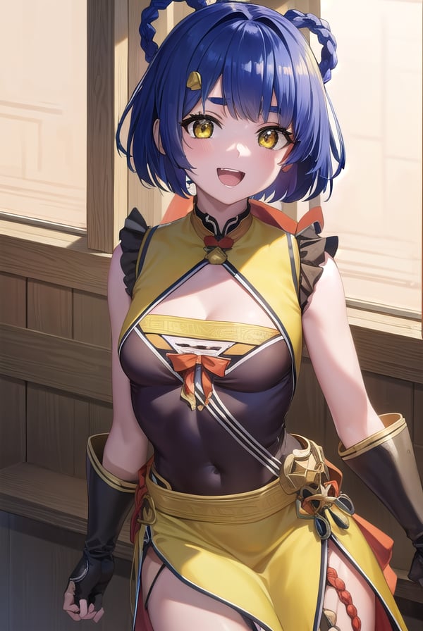 genshinxiangling, <lyco:genshinxiangling-lyco-nochekaiser:1>,xiangling, blue hair, braid, braided hair rings, hair ornament, hair rings, hairclip, (yellow eyes:1.5), (small breasts:1.2), <lora:talkmouth_A_v100:1>, open mouth,BREAK arm strap, bare shoulders, bell, belt, black footwear, black gloves, boots, brown belt, cleavage, cleavage cutout, clothing cutout, dress, fingerless gloves, gloves, high heels, jingle bell, thigh strap,BREAK looking at viewer, (cowboy shot:1.5),BREAK indoors, restaurant,BREAK <lyco:GoodHands-beta2:1>, (masterpiece:1.2), best quality, high resolution, unity 8k wallpaper, (illustration:0.8), (beautiful detailed eyes:1.6), extremely detailed face, perfect lighting, extremely detailed CG, (perfect hands, perfect anatomy),