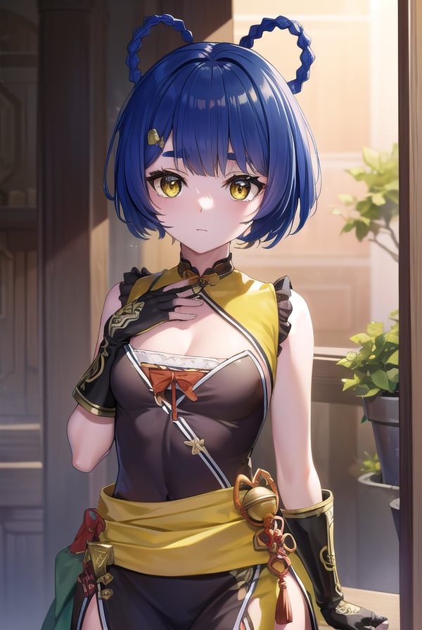 genshinxiangling, <lyco:genshinxiangling-lyco-nochekaiser:1>,xiangling, blue hair, braid, braided hair rings, hair ornament, hair rings, hairclip, (yellow eyes:1.5), (small breasts:1.2),BREAK arm strap, bare shoulders, bell, belt, black footwear, black gloves, boots, brown belt, cleavage, cleavage cutout, clothing cutout, dress, fingerless gloves, gloves, high heels, jingle bell, thigh strap,BREAK looking at viewer, (cowboy shot:1.5),BREAK indoors, restaurant,BREAK <lyco:GoodHands-beta2:1>, (masterpiece:1.2), best quality, high resolution, unity 8k wallpaper, (illustration:0.8), (beautiful detailed eyes:1.6), extremely detailed face, perfect lighting, extremely detailed CG, (perfect hands, perfect anatomy),