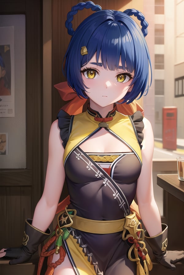 genshinxiangling, <lyco:genshinxiangling-lyco-nochekaiser:1>,xiangling, blue hair, braid, braided hair rings, hair ornament, hair rings, hairclip, (yellow eyes:1.5), (small breasts:1.2),BREAK arm strap, bare shoulders, bell, belt, black footwear, black gloves, boots, brown belt, cleavage, cleavage cutout, clothing cutout, dress, fingerless gloves, gloves, high heels, jingle bell, thigh strap,BREAK looking at viewer, (cowboy shot:1.5),BREAK indoors, restaurant,BREAK <lyco:GoodHands-beta2:1>, (masterpiece:1.2), best quality, high resolution, unity 8k wallpaper, (illustration:0.8), (beautiful detailed eyes:1.6), extremely detailed face, perfect lighting, extremely detailed CG, (perfect hands, perfect anatomy),