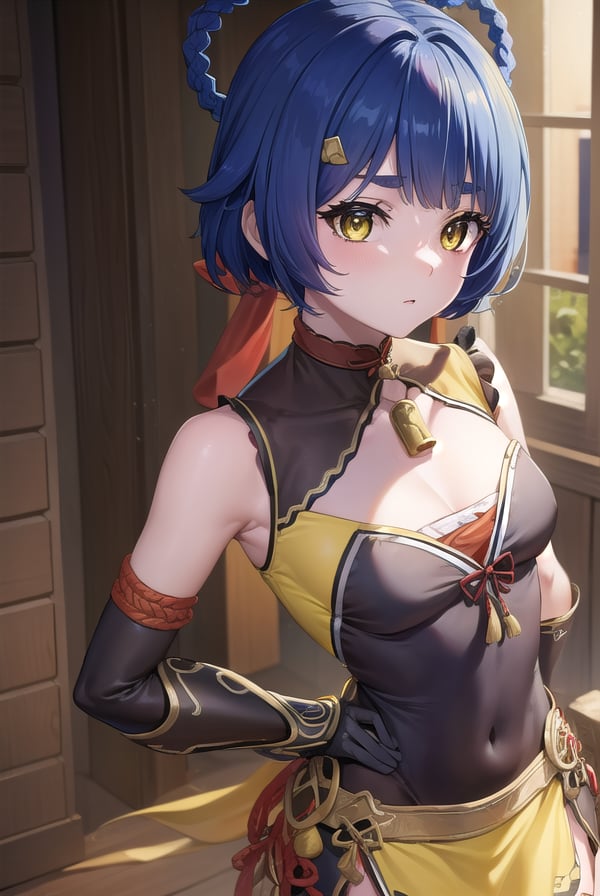 genshinxiangling, <lyco:genshinxiangling-lyco-nochekaiser:1>,xiangling, blue hair, braid, braided hair rings, hair ornament, hair rings, hairclip, (yellow eyes:1.5), (small breasts:1.2),BREAK arm strap, bare shoulders, bell, belt, black footwear, black gloves, boots, brown belt, cleavage, cleavage cutout, clothing cutout, dress, fingerless gloves, gloves, high heels, jingle bell, thigh strap,BREAK looking at viewer, (cowboy shot:1.5),BREAK indoors, restaurant,BREAK <lyco:GoodHands-beta2:1>, (masterpiece:1.2), best quality, high resolution, unity 8k wallpaper, (illustration:0.8), (beautiful detailed eyes:1.6), extremely detailed face, perfect lighting, extremely detailed CG, (perfect hands, perfect anatomy),