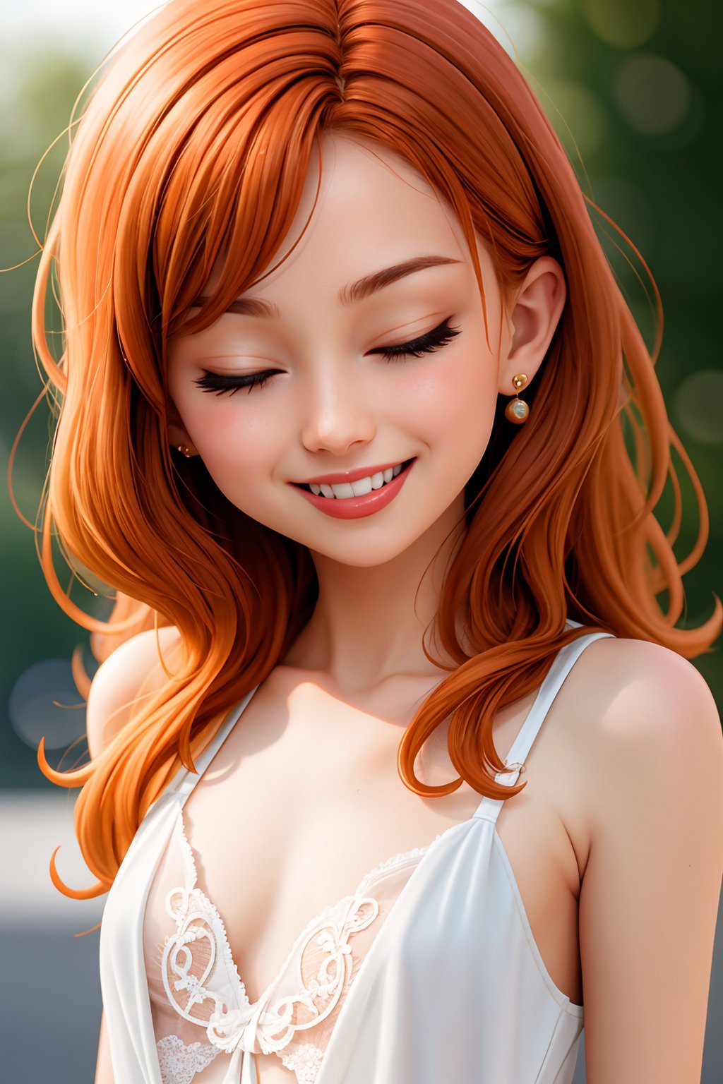 , wink, one eye closed, playful smile, tongue out,, masterpiece, best quality, absurdres, highres, 4k, ray tracing, intricate details, highly detailed, (1girl:perfect face, cute, small breasts, long ginger hair, petite) skin tone, ultrarealistic, peeks, bokeh