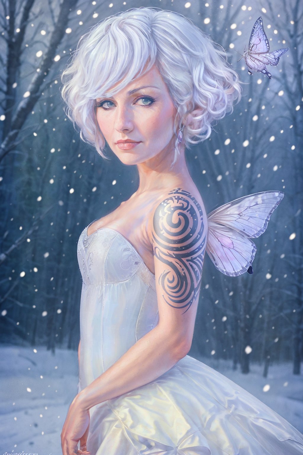 Marta_Nael_style_lora_by_niolas,  1girl,  solo,  short hair,  dress,  white hair,  wings,  artist name,  white dress,  strapless,  tattoo,  bug,  butterfly,  strapless dress,  snow,  forest,  snowing,  fairy,  butterfly wings,<lora:EMS-286750-EMS:0.600000>