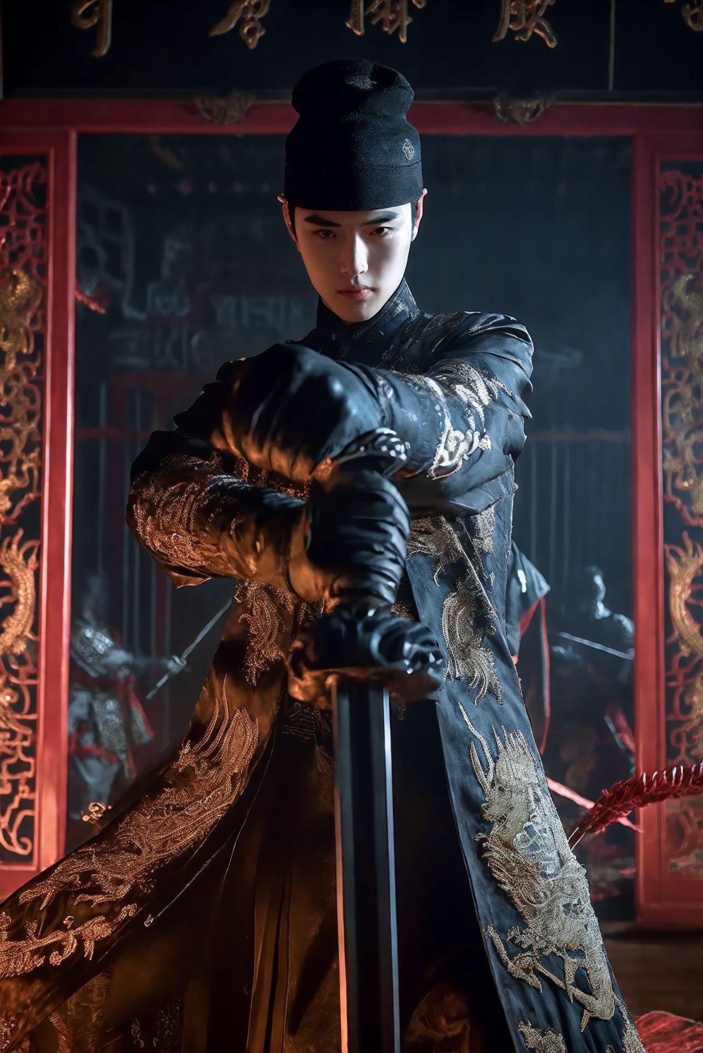 wearing embroidery traditional chinse suit,Dynamic Angle,Perspective,realistic,glowing,xuer Embroidered Uniform Guard,hat,gloves,black hair,solo,short hair,black gloves,looking at viewer,1boy,male focus,solo,handsome_male,<lora:绪儿-锦衣卫 xuer Embroidered Uniform Guard:0.8>,