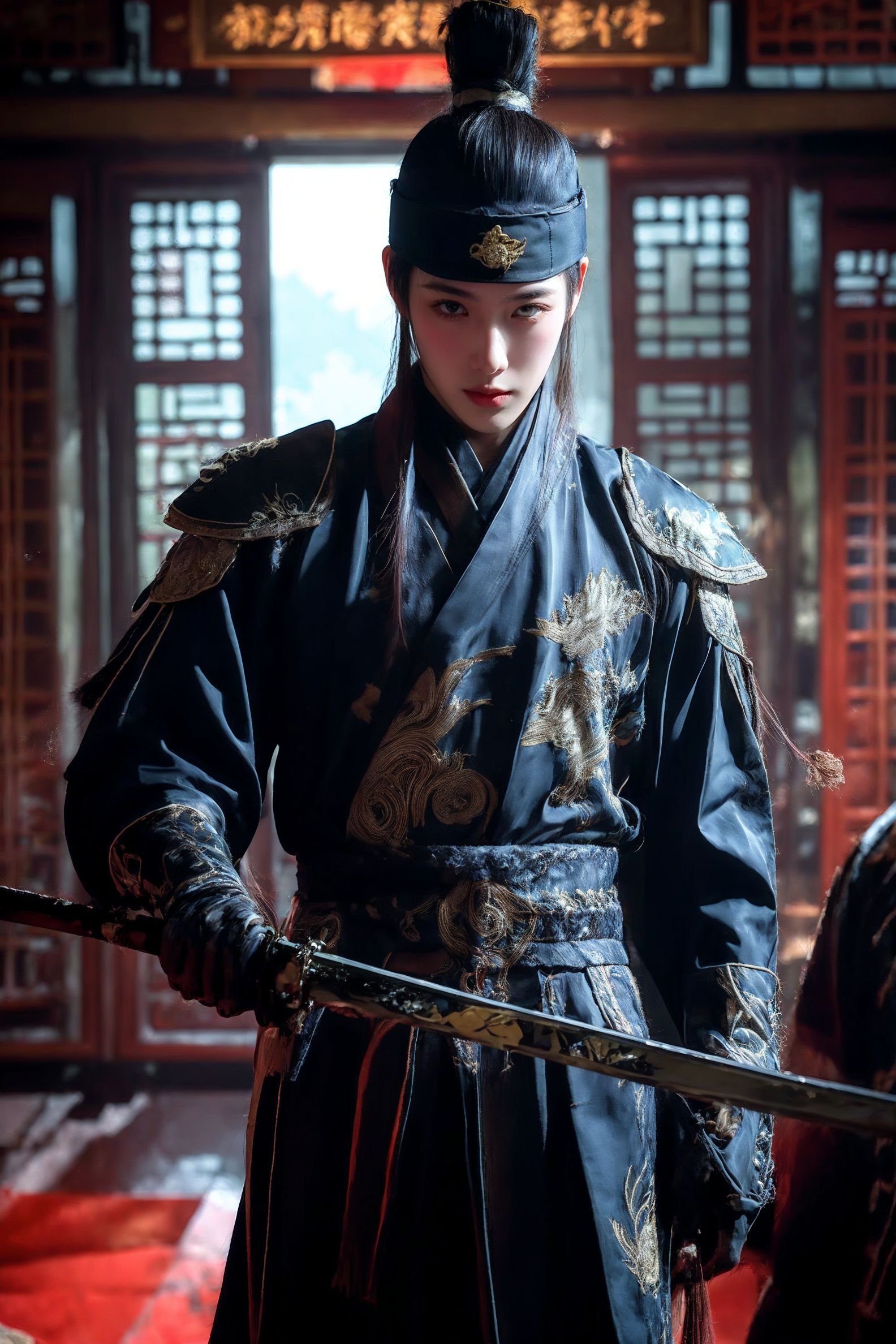 xuer Embroidered Uniform Guard,solo focus,wearing embroidery traditional chinse suit,Dynamic Angle,Perspective,realistic,glowing,1boy,male focus,solo,the_best_light,handsome_male,facing viewer,holding sword,black gloves,shoulder armor, east asian architecture,water,<lora:绪儿-锦衣卫 xuer Embroidered Uniform Guard:0.8>,