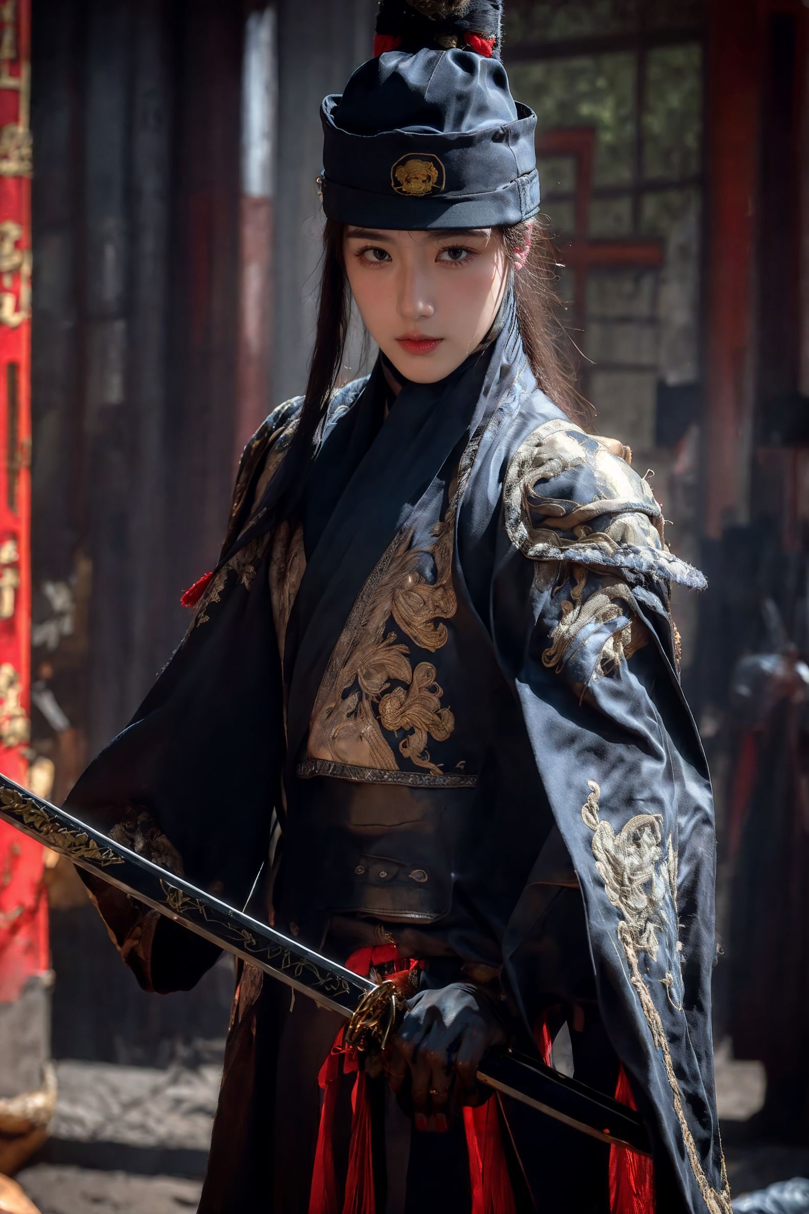 xuer Embroidered Uniform Guard,solo focus,wearing embroidery traditional chinse suit,Dynamic Angle,Perspective,black beanie hat,1boy,solo,the_best_light,handsome_male,facing viewer,holding sword,black gloves,shoulder armor,<lora:绪儿-锦衣卫 xuer Embroidered Uniform Guard:0.8>,