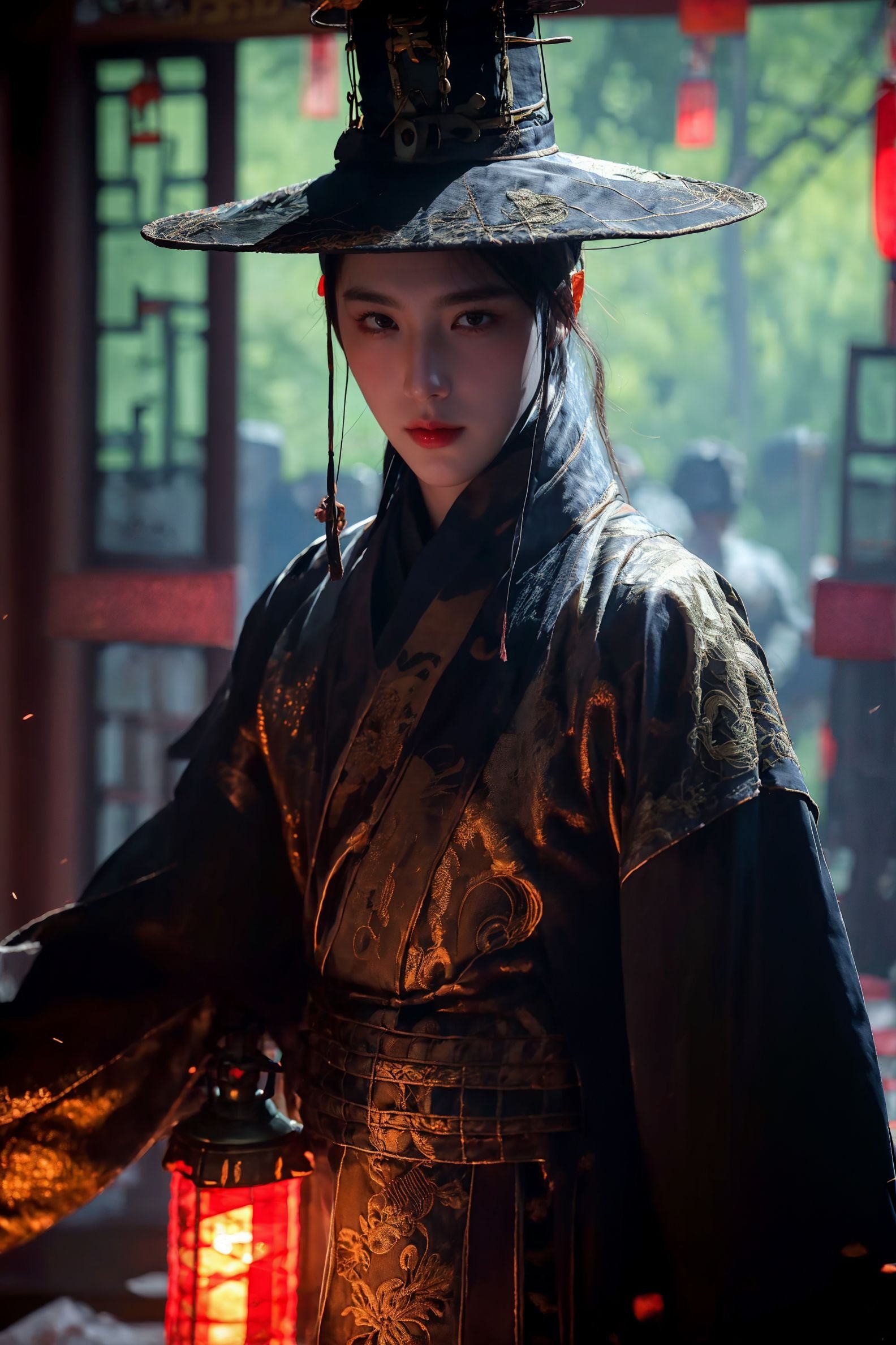 xuer Embroidered Uniform Guard,hat,solo,1boy,black hair,male focus,lantern,looking at viewer,paper lantern,closed mouth,dragon,upper body,long sleeves,<lora:绪儿-锦衣卫 xuer Embroidered Uniform Guard:0.8>,