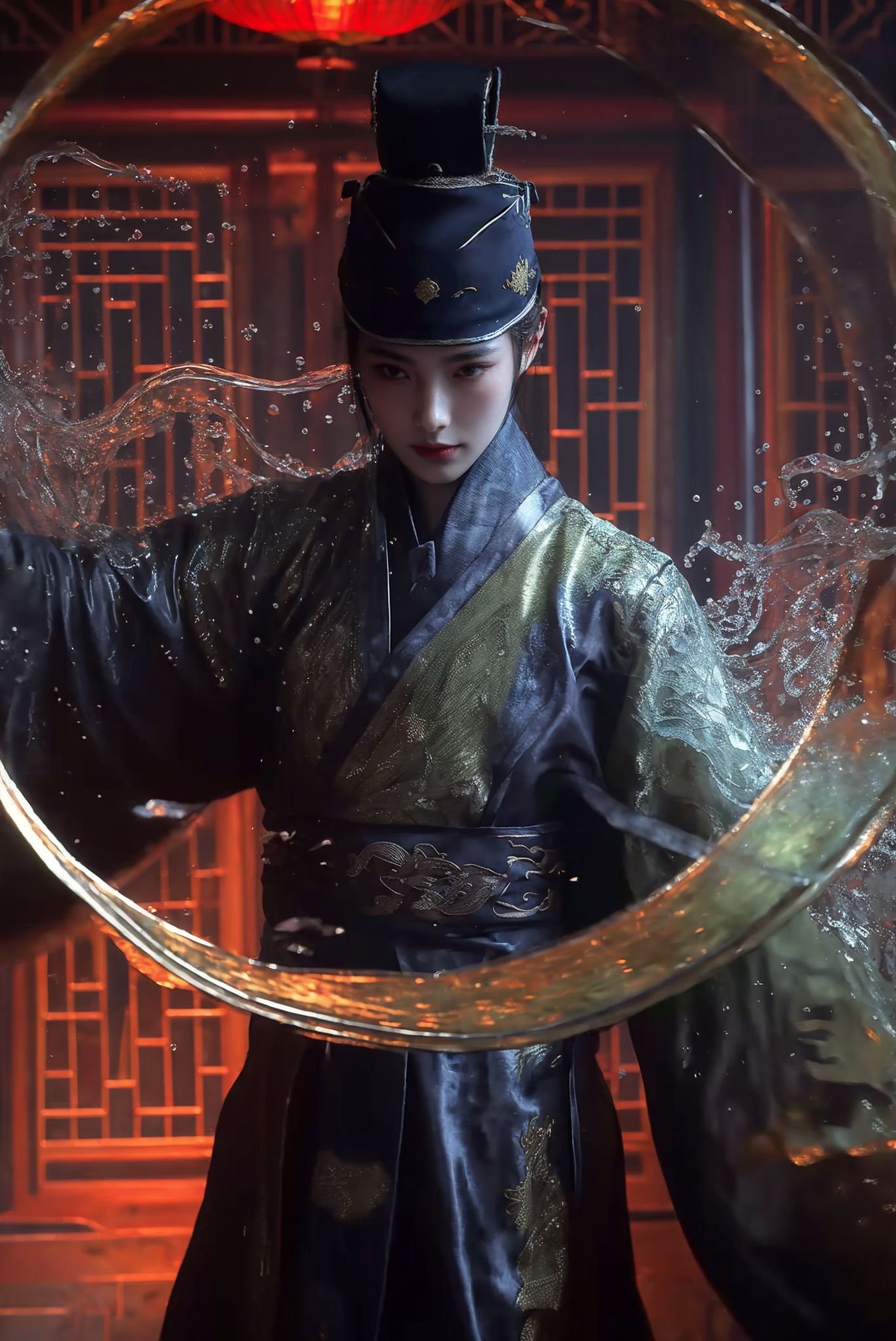 wearing embroidery traditional chinse suit,Dynamic Angle,Perspective,realistic,glowing,xuer Embroidered Uniform Guard,hat,solo,scroll,lattice,architecture,east asian architecture,1girl,water,long sleeves,wide sleeves,1boy,black hair,male focus,closed mouth,<lora:绪儿-锦衣卫 xuer Embroidered Uniform Guard:0.8>,