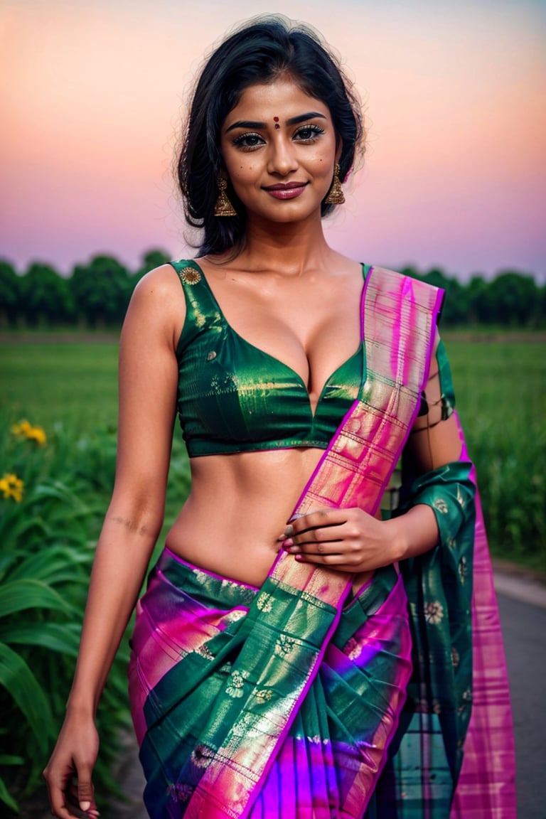 (A beautiful, cute young 29 year girl). (She has long black hair that is curled at the ends, and a charming eye that shows her happiness). (She is wearing a green saree with floral patterns and sequins). (She is posing like a model in a villa, looking at the camera with a friendly smile). (street, pink, smile, friendly), (polaroid camera). (standard lens). (morning). (lifestyle). (instant). (eye-level). (front). naval show ,slim belly, curvy slim, big breast, waist view, full body capture,photorealistic, fair skin