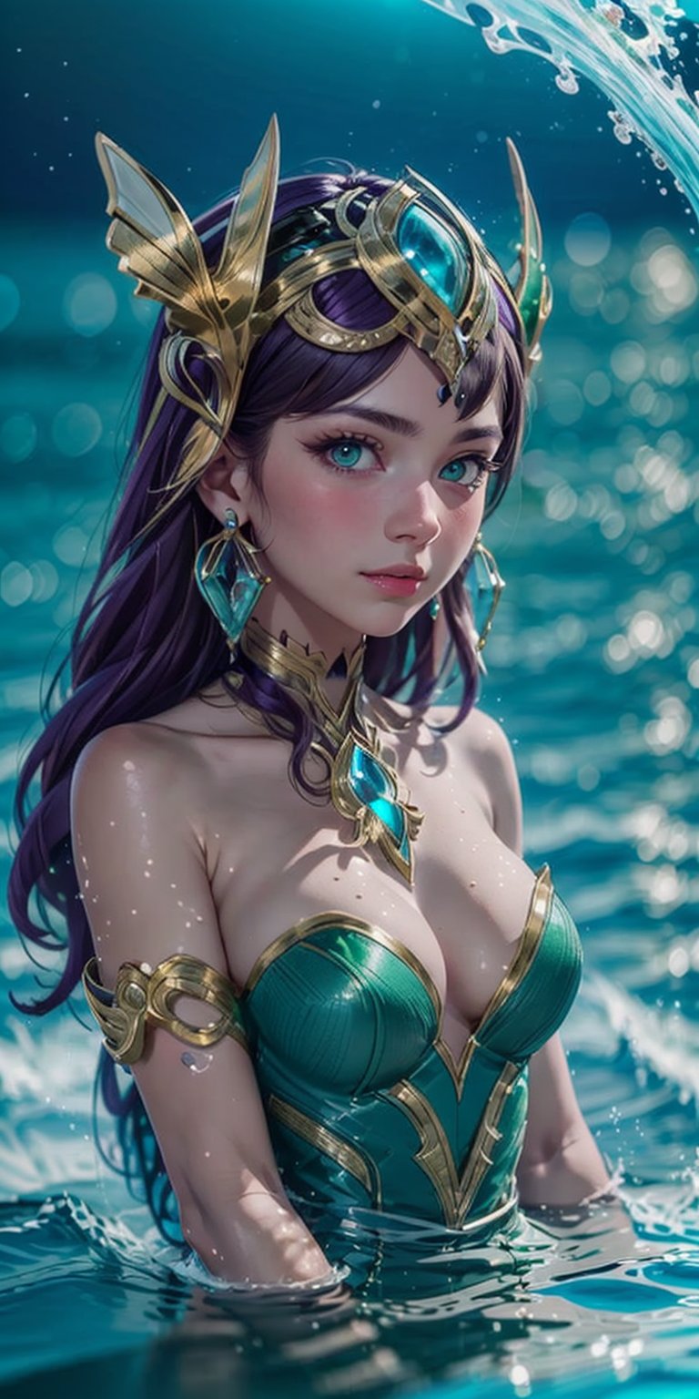 1girl, (masterpiece, best quality, ultra-detailed, 8K), ((blank background)), vibrant colors, (head fins, long_hair, dark_purple_hair)), green_eyes, large breasts, ((green dress, cleavage,strapless_dress)), ((green background)) , happy_face, smile, jewels, bracers, high_heels, ((upper_body, head and shoulder portrait,)), hair_ornament, water, jewelry, looking_at_viewer, ocean background, wave background,High detailed , aquamarine, swimming, 