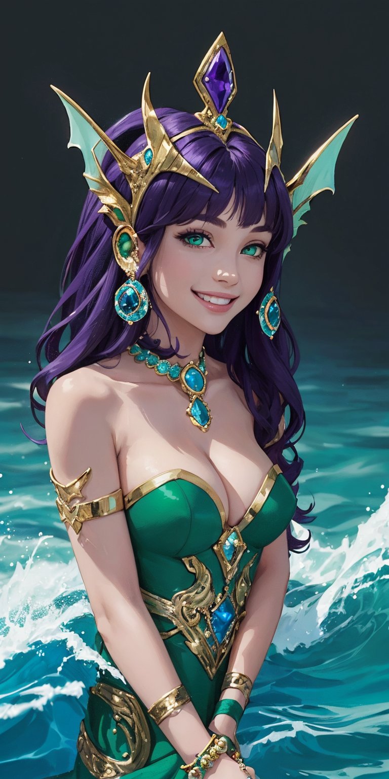 1girl, ((blank background)), vibrant colors, (head fins, long_hair, dark_purple_hair)), green_eyes, large breasts, ((green dress, cleavage,strapless_dress)), ((green background)) , happy_face, smile, jewels, bracers, high_heels, ((upper_body, head and shoulder portrait,)), hair_ornament, water, bubble, jewelry, looking_at_viewer, ocean background, wave background