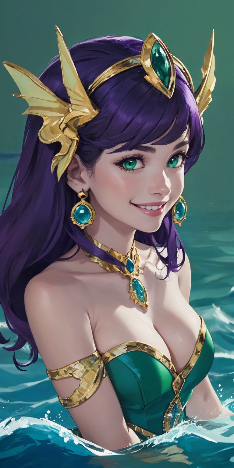 1girl, ((blank background)), vibrant colors, (head fins, long_hair, dark_purple_hair)), green_eyes, large breasts, ((green dress, cleavage,strapless_dress)), ((green background)) , happy_face, smile, jewels, bracers, high_heels, ((upper_body, head and shoulder portrait,)), hair_ornament, water, bubble, jewelry, looking_at_viewer, ocean background, wave background