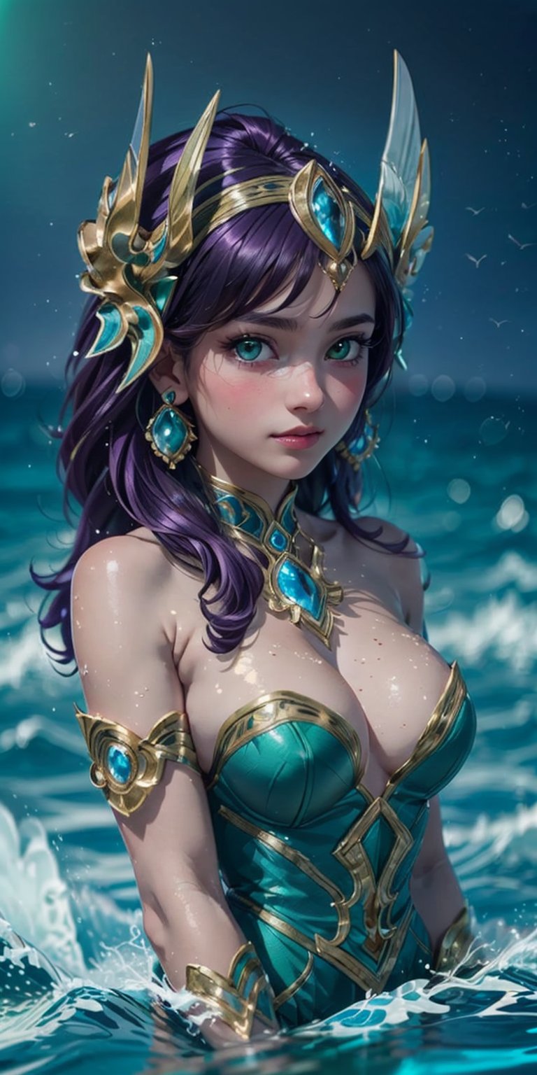 1girl, (masterpiece, best quality, ultra-detailed, 8K), ((blank background)), vibrant colors, (head fins, long_hair, dark_purple_hair)), green_eyes, large breasts, ((green dress, cleavage,strapless_dress)), ((green background)) , happy_face, smile, jewels, bracers, high_heels, ((upper_body, head and shoulder portrait,)), hair_ornament, water, jewelry, looking_at_viewer, ocean background, wave background,High detailed , aquamarine, swimming, 