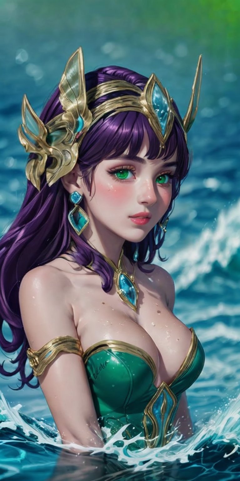 1girl, ((blank background)), vibrant colors, (head fins, long_hair, dark_purple_hair)), green_eyes, large breasts, ((green dress, cleavage,strapless_dress)), ((green background)) , happy_face, smile, jewels, bracers, high_heels, ((upper_body, head and shoulder portrait,)), hair_ornament, water, jewelry, looking_at_viewer, ocean background, wave background,High detailed , aquamarine, 