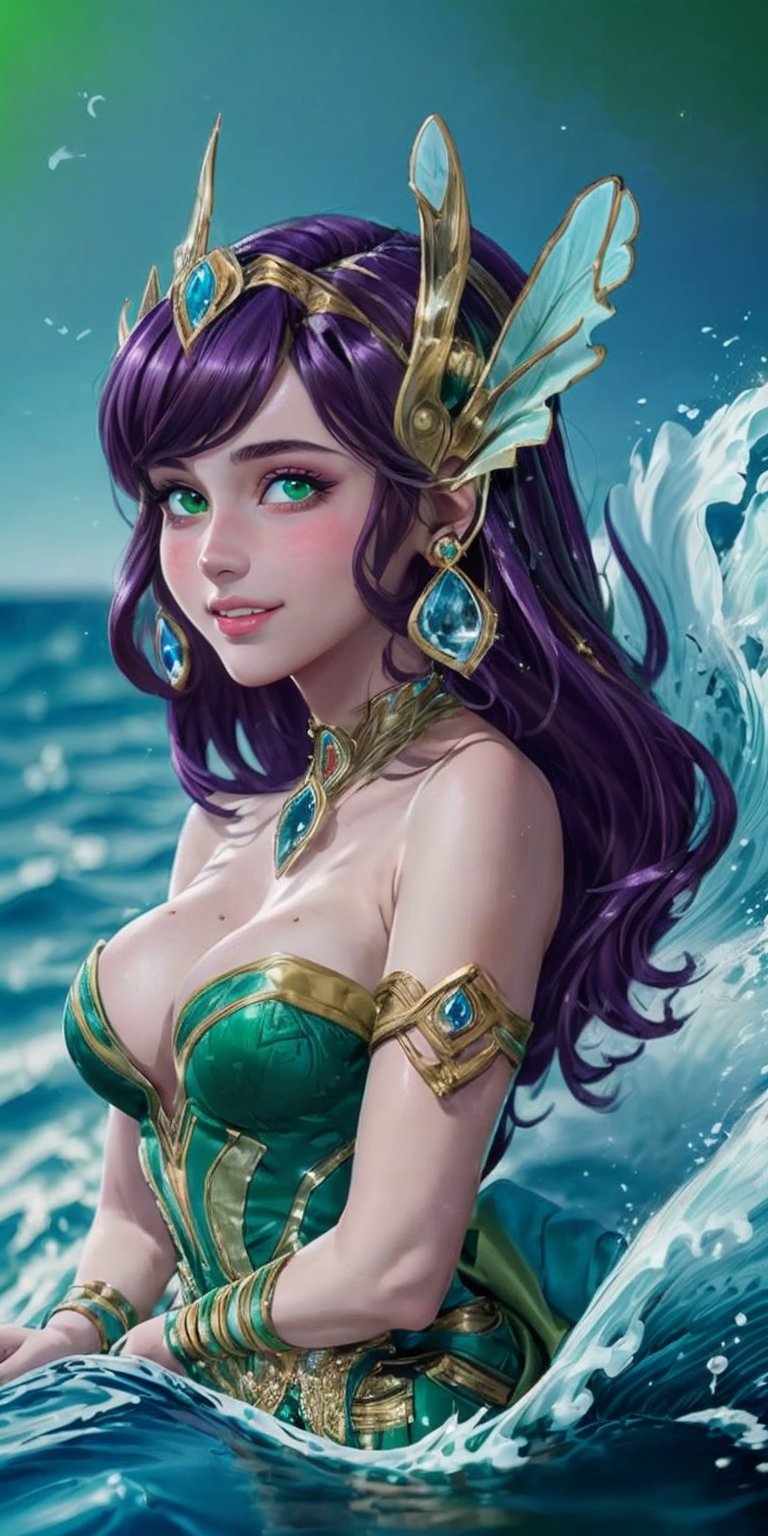 1girl, ((blank background)), vibrant colors, (head fins, long_hair, dark_purple_hair)), green_eyes, large breasts, ((green dress, cleavage,strapless_dress)), ((green background)) , happy_face, smile, jewels, bracers, high_heels, ((upper_body, head and shoulder portrait,)), hair_ornament, water, jewelry, looking_at_viewer, ocean background, wave background,High detailed , aquamarine, 