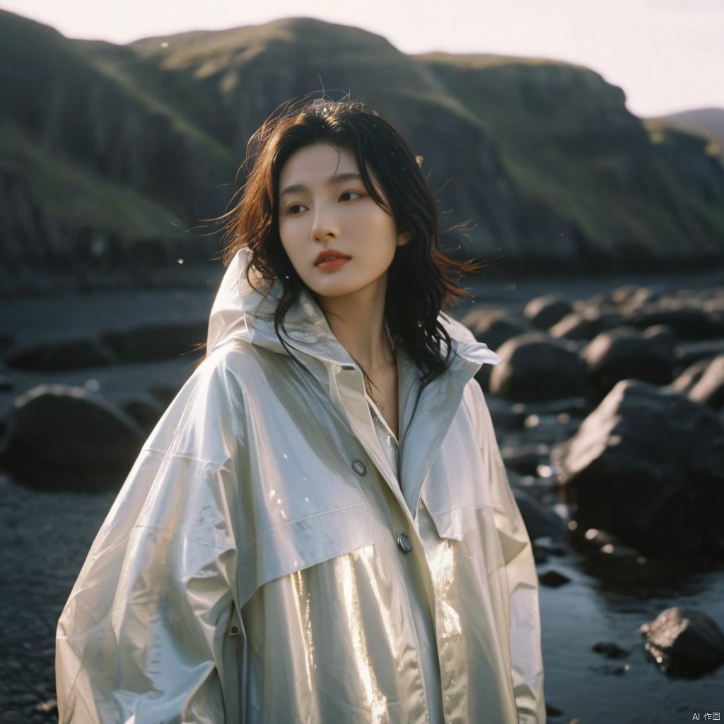  analog film photo chinese girl, cinematic film still, ((Establishing_Shot)), ((looking away)), expression of enjoyment, an ultra high definition professional high fashion portrait full length photograph, a model wearing a transparent pearlescent raincoat in an icelandic black rock environment at dawn, no artefacts, extremely detailed, stark, refraction, shallow depth of field, volumetric light and shadow, ray tracing, light rays, shallow depth of field, vignette, highly detailed, high budget, bokeh, cinemascope, moody, epic, gorgeous, film grain, grainy . faded film, desaturated, 35mm photo, grainy, vignette, vintage, Kodachrome, Lomography, stained, highly detailed, found footage
, monkren, Fairy, realistic,sunlight