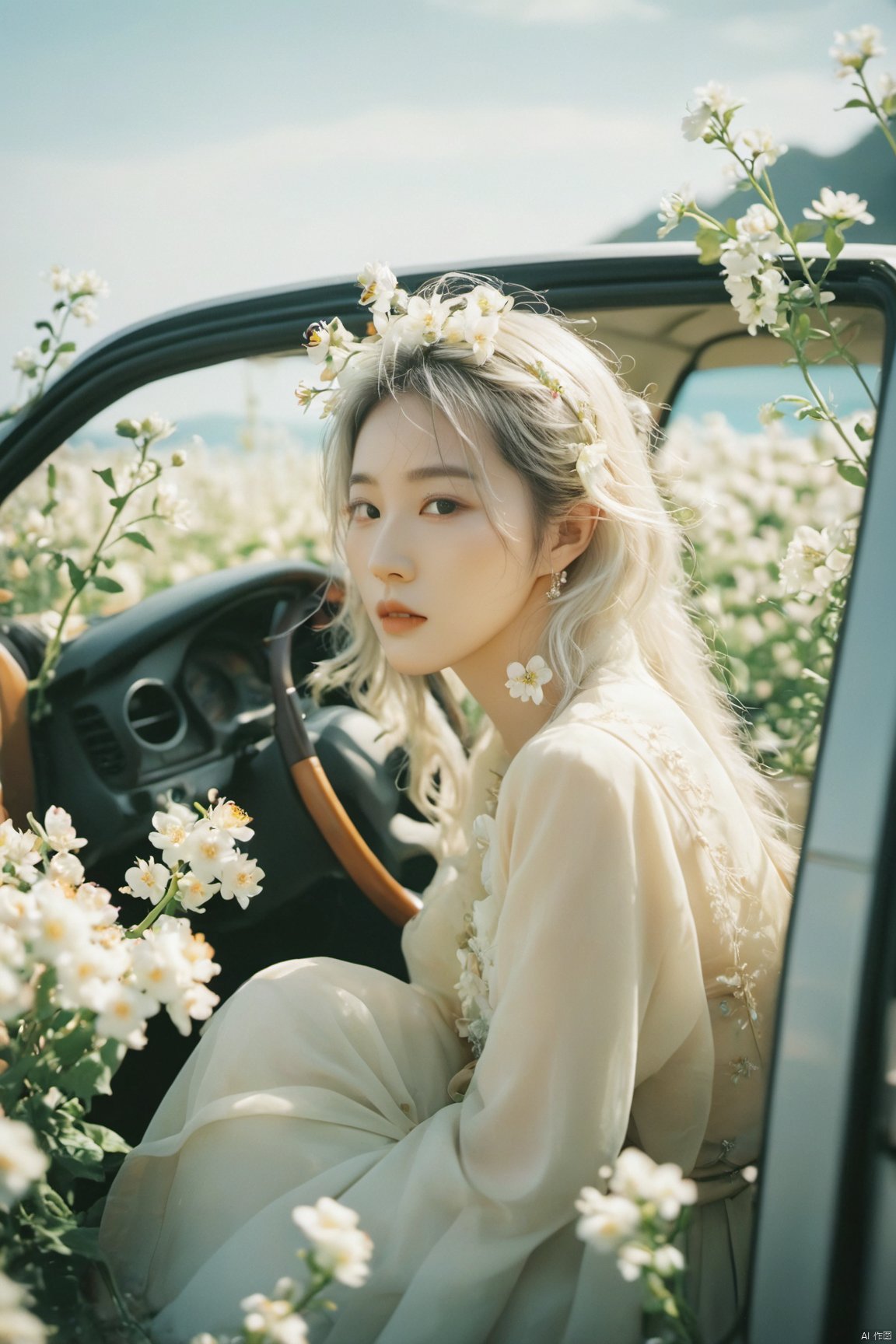  breathtaking ethereal fantasy concept art of cinematic film still,chinese girl,a girl with white hair sitting in car filled with flowers,art by Rinko Kawauchi,in the style of naturalistic poses,vacation dadcore,youth fulenergy,a cool expression,body extensions,flowersin the sky,****og film,super detail,dreamy lofi photography,colourful,covered in flowers andvines,Inside view,shot on fujifilm XT4 . shallow depth of field,vignette,highly detailed,high budget,bokeh,cinemascope,moody,epic,gorgeous,film grain,grainy . magnificent,celestial,ethereal,painterly,epic,majestic,magical,fantasy art,cover art,dreamy,monkren, . award-winning, professional, highly detailed, light master, monkren, sunlight, liu yifei