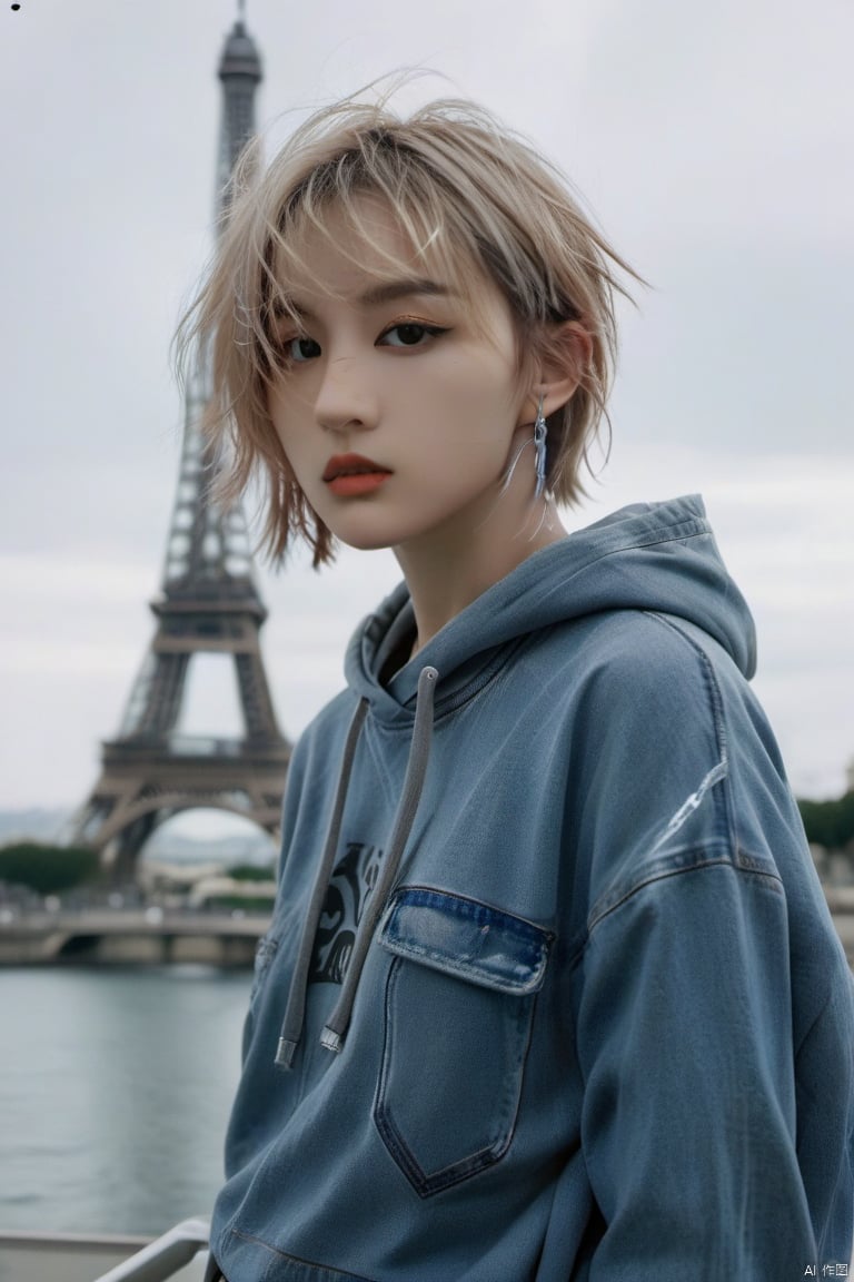  medium shot, pov, taking selfie, girl, Holo Punk Style, 
razorcut long blonde pixie haircut, side hair shaved, ocean blue eyes, earrings, eyelashes, 
eyeliner, oversize hoodie, denim shorts, punkish, cinematic angle, Eiffel tower on background