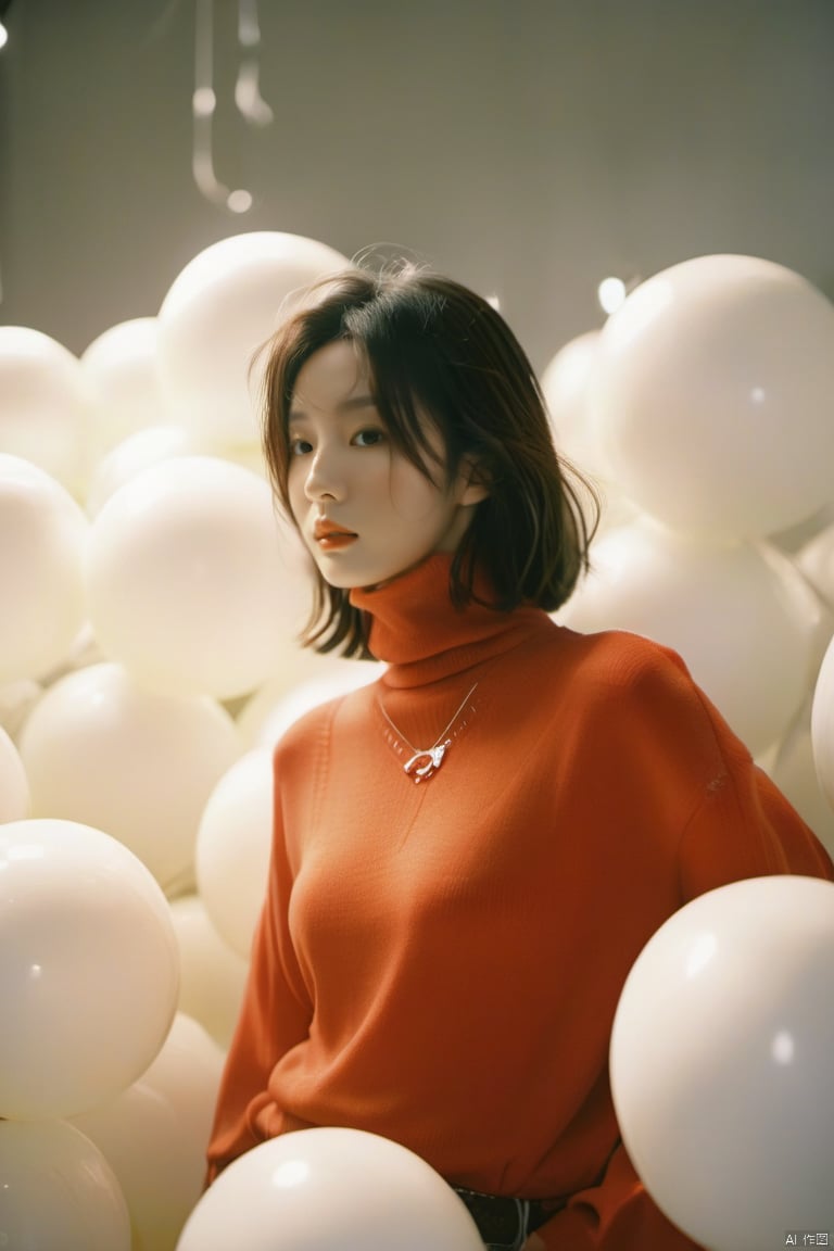  breathtaking cinematic film still,Cowboy_Shot,blouse,a cinematic fashion portrait photo of beautiful young woman from the 90s wearing a red turtleneck standing in the middle of a ton of white balloons,dramatic lighting,taken on a hasselblad medium format camera,looks like liuyifei,white balloon,shallow depth of field,vignette,highly detailed,high budget,bokeh,cinemascope,moody,epic,gorgeous,film grain,grainy . award-winning,professional,highly detailed,sc,monkren,, monkren