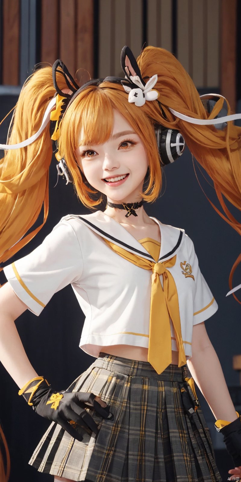 Highly detailed, best quality, masterpiece, anqila, 1girl, gloves, fingerless gloves, long hair, solo, twintails, skirt, smile, open mouth, shirt, headphones, choker, black gloves, orange hair, white shirt, sailor collar, animal ears, very long hair, yellow eyes, blonde hair, neck ribbon