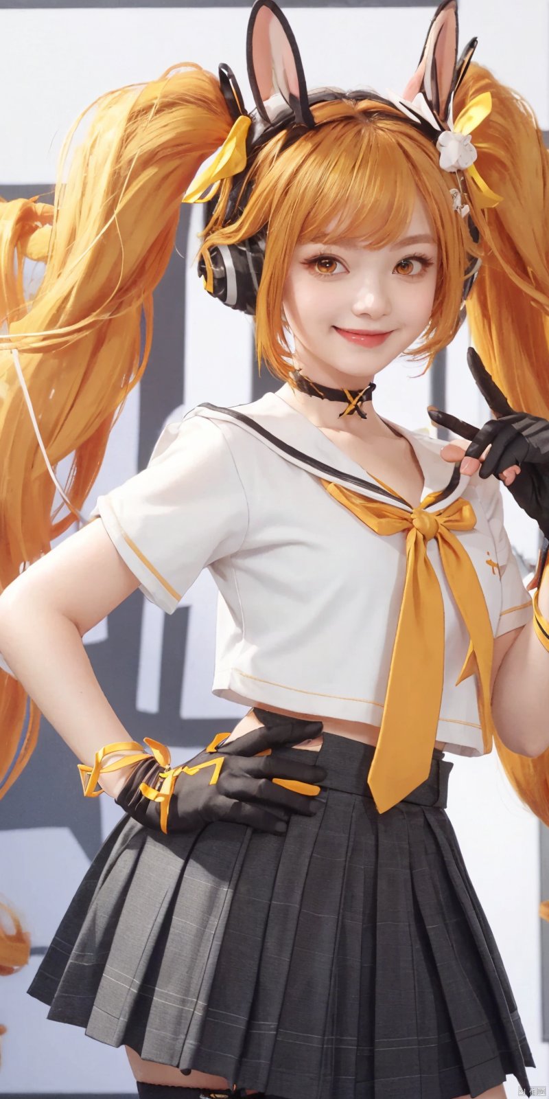 Highly detailed, best quality, masterpiece, anqila, 1girl, gloves, fingerless gloves, long hair, solo, twintails, skirt, smile, kind smile, shirt, headphones, choker, black gloves, orange hair, white shirt, sailor collar, animal ears, very long hair, yellow eyes, blonde hair, neck ribbon