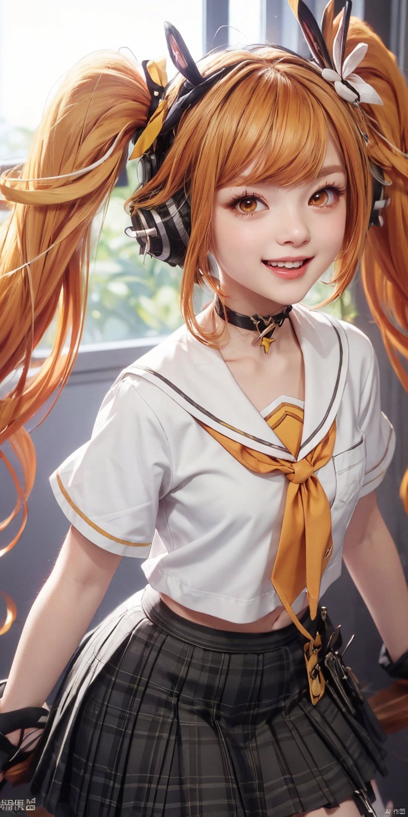 Highly detailed, best quality, masterpiece, anqila, 1girl, gloves, fingerless gloves, long hair, solo, twintails, skirt, smile, open mouth, shirt, headphones, choker, black gloves, orange hair, white shirt, sailor collar, animal ears, very long hair, yellow eyes, blonde hair, neck ribbon