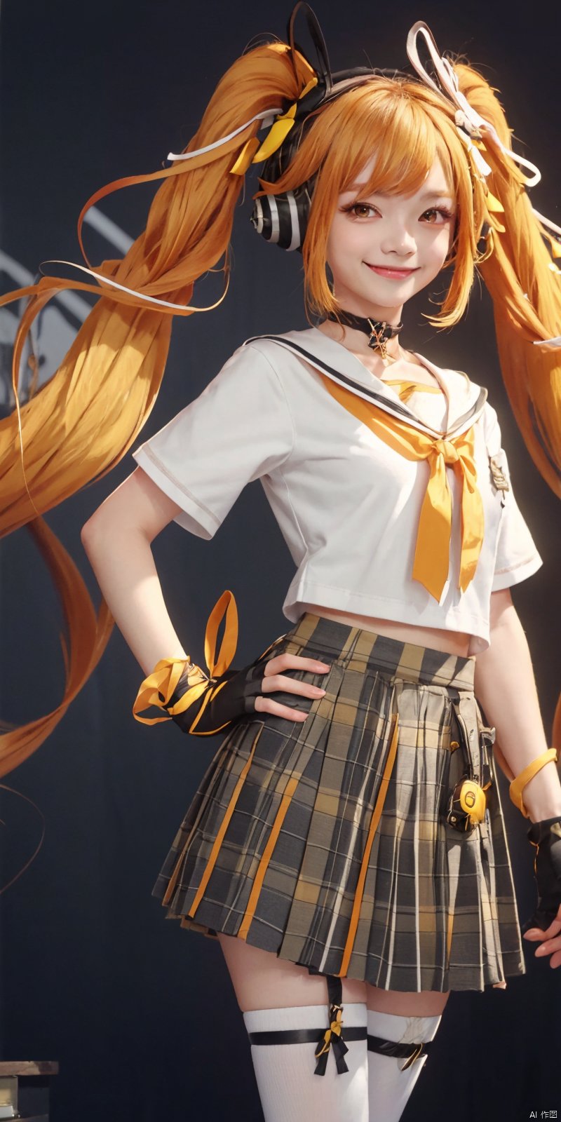 Highly detailed, best quality, masterpiece, anqila, 1girl, gloves, fingerless gloves, long hair, solo, twintails, skirt, smile, kind smile, shirt, headphones, choker, black gloves, orange hair, white shirt, sailor collar, animal ears, very long hair, yellow eyes, blonde hair, neck ribbon