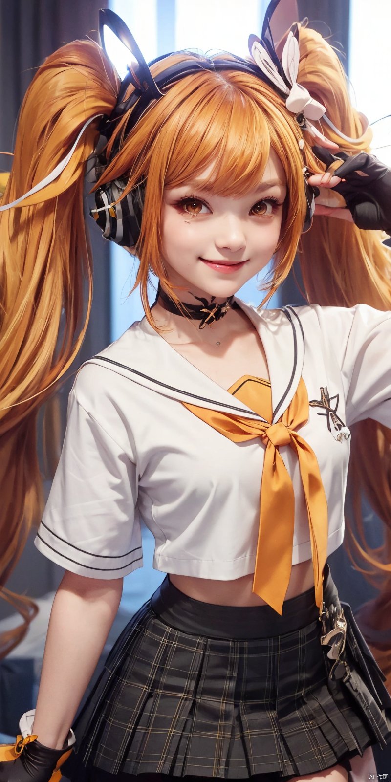 Highly detailed, best quality, masterpiece, anqila, 1girl, gloves, fingerless gloves, long hair, solo, twintails, skirt, smile, kind smile, shirt, headphones, choker, black gloves, orange hair, white shirt, sailor collar, animal ears, very long hair, yellow eyes, blonde hair, neck ribbon