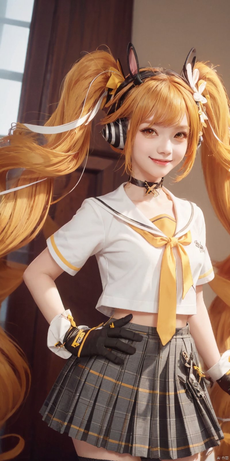 Highly detailed, best quality, masterpiece, anqila, 1girl, gloves, fingerless gloves, long hair, solo, twintails, skirt, smile, kind smile, shirt, headphones, choker, black gloves, orange hair, white shirt, sailor collar, animal ears, very long hair, yellow eyes, blonde hair, neck ribbon