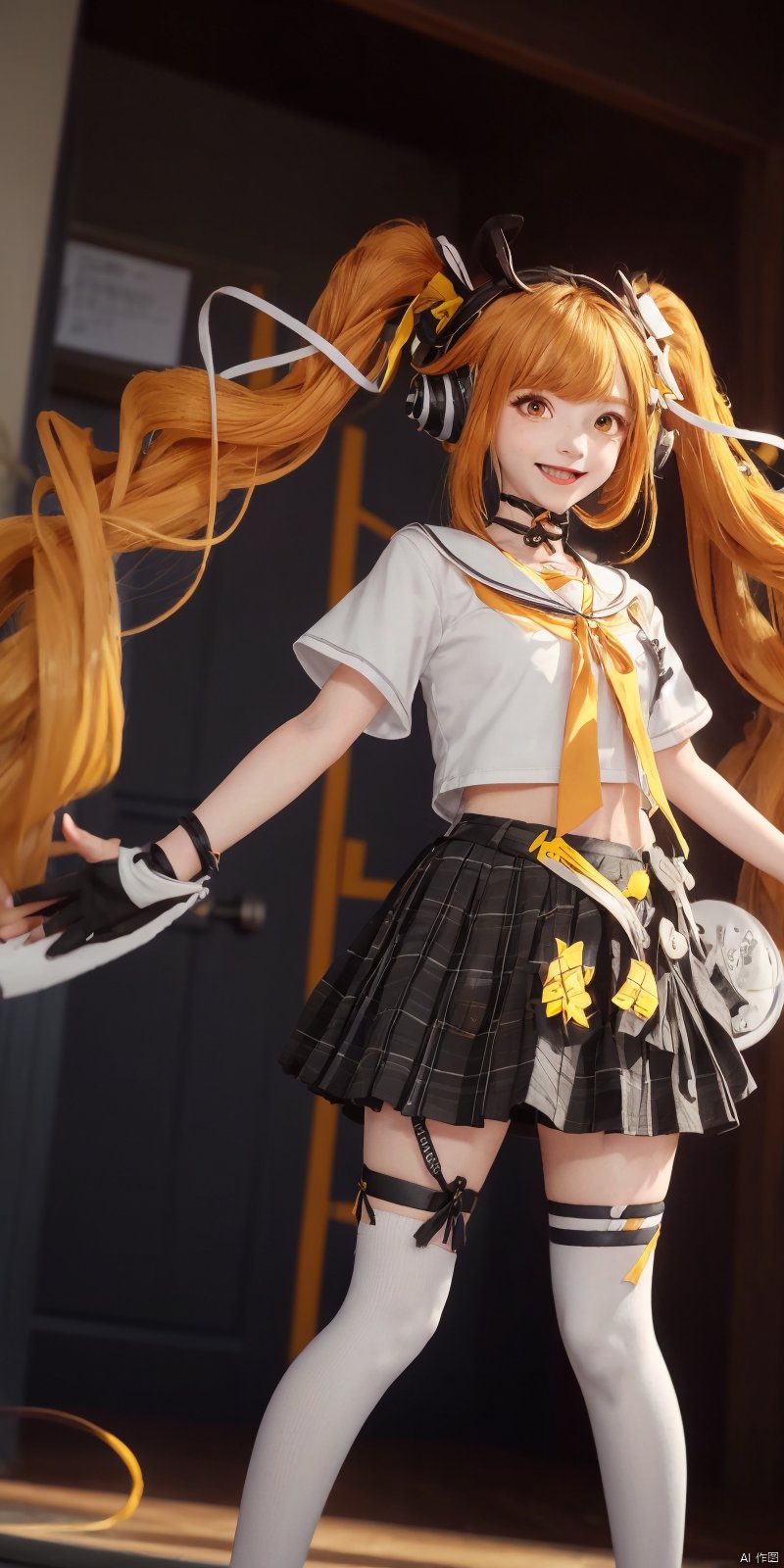 Highly detailed, best quality, masterpiece, anqila, 1girl, gloves, fingerless gloves, long hair, solo, twintails, skirt, smile, open mouth, shirt, headphones, choker, black gloves, orange hair, white shirt, sailor collar, animal ears, very long hair, yellow eyes, blonde hair, neck ribbon