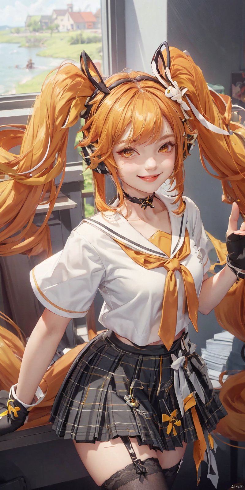 Highly detailed, best quality, masterpiece, anqila, 1girl, gloves, fingerless gloves, long hair, solo, twintails, skirt, smile, kind smile, shirt, headphones, choker, black gloves, orange hair, white shirt, sailor collar, animal ears, very long hair, yellow eyes, blonde hair, neck ribbon