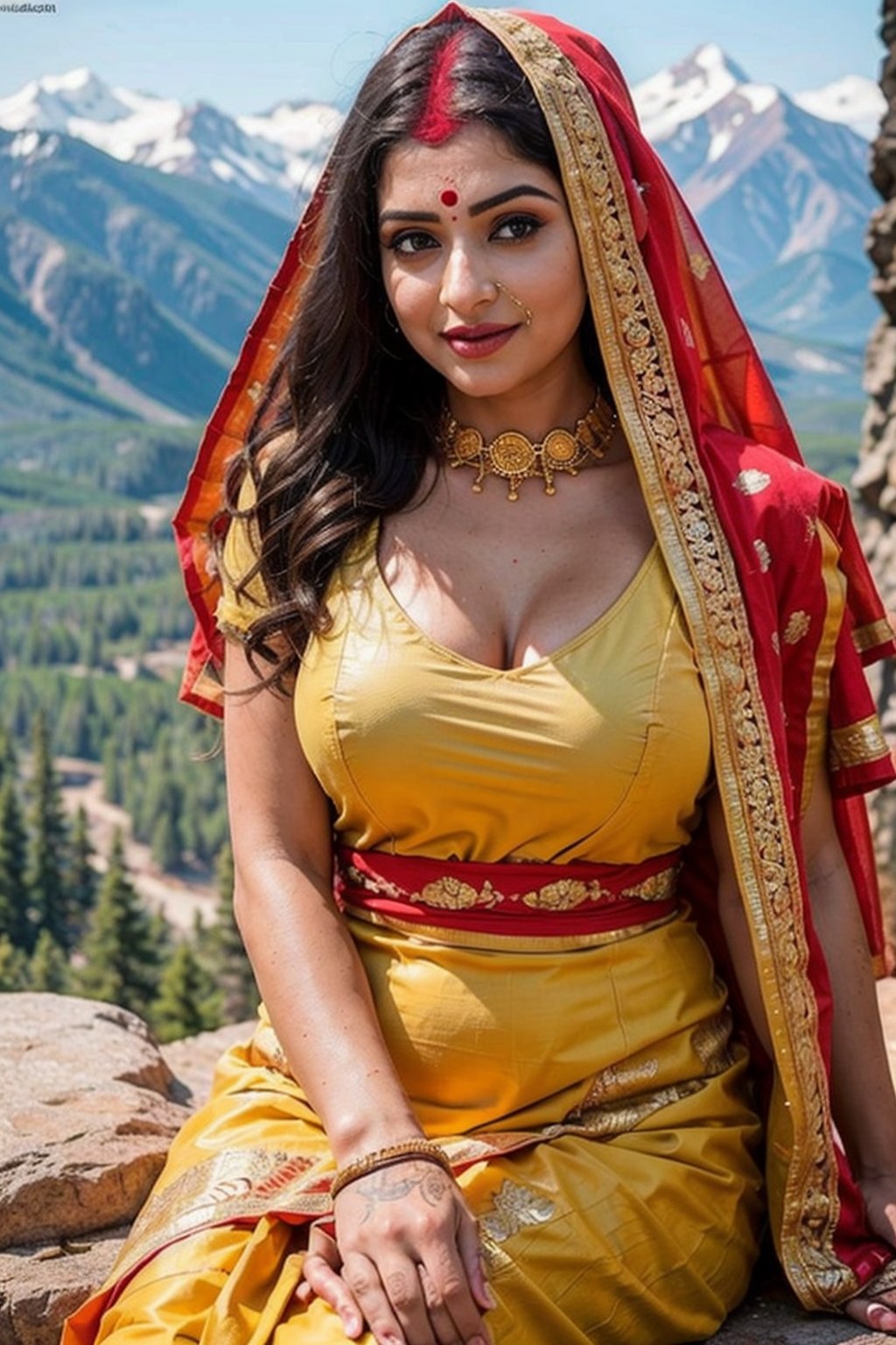 Close-up professional photography, indian bride ((sindoor on hair partings, sindur)), sleeveless blouse, deep cleavage, big bimbo boobs, blue theme , voluptuous curvy lady, metalictexturel, sitting, looking at the camera,the detail,Complex patterns,portrait lens,deep cleavage,(rocky mountains in the background:1.2),super-fine,Ultra photo realsisim,Hyper-realistic,Works of masters,8K wind resolution,OC renderer,