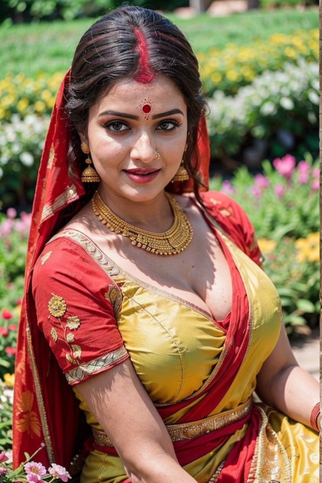 Close-up professional photography, indian bride ((sindoor on hair partings, sindur)), sleeveless blouse, deep cleavage, big bimbo boobs, blue theme , voluptuous curvy lady, metalictexturel, sitting, looking at the camera,the detail,Complex patterns,portrait lens,deep cleavage,(valley of flowers in the background:1.2),super-fine,Ultra photo realsisim,Hyper-realistic,Works of masters,8K wind resolution,OC renderer,