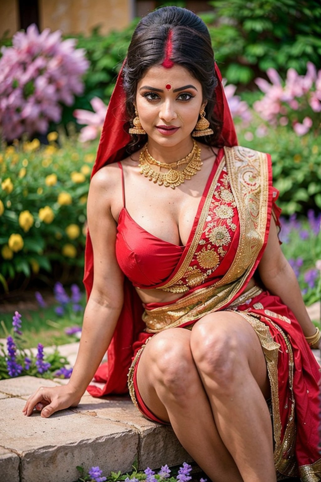 Close-up professional photography, indian bride ((sindoor on hair partings, sindur)), sleeveless blouse, deep cleavage, big bimbo boobs, blue theme , voluptuous curvy lady, metalictexturel, sitting, looking at the camera,the detail,Complex patterns,portrait lens,deep cleavage,(valley of flowers in the background:1.2),super-fine,Ultra photo realsisim,Hyper-realistic,Works of masters,8K wind resolution,OC renderer,