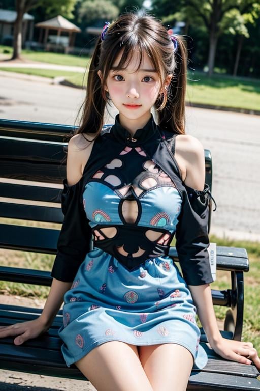 (((masterpiece))),  (((best quality))),  half body,  sitting on park bench close river,  ribbon,  hairclip,  rosy lips,  twintails,  huge tits,  longhair,  tie,  (((boho style rainbow colorfully complex pattern cut-out dress))),  petite figure proportion,<lora:EMS-249613-EMS:0.300000>