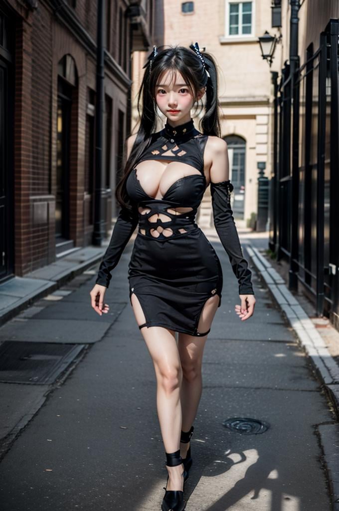 (((masterpiece))),  (((best quality))),  standing on street,  ribbon,  twintails,  big tits,  longhair,  tie,  cut-out dress,  petite figure proportion,<lora:EMS-249613-EMS:0.800000>