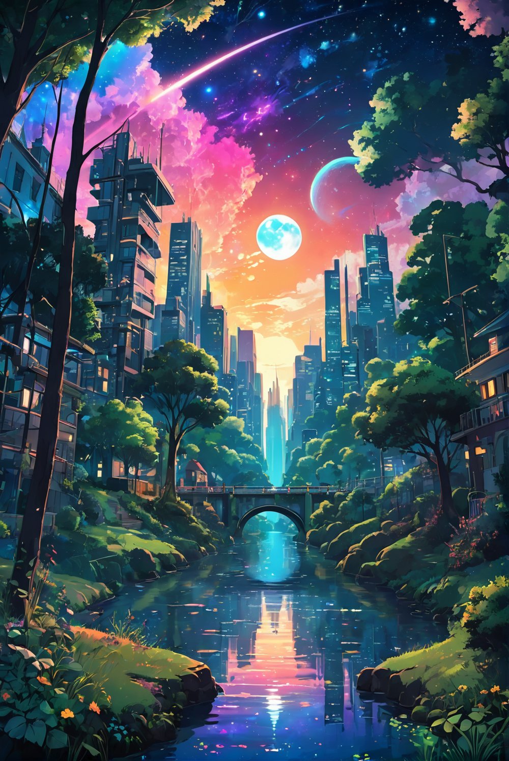 Dreamyvibes artstyle, Surreal landscape blending day and night, where a river of stars divides a cityscape merging with a forest. Architectural elements float, defying gravity, with a backdrop of a dual sunset and moonrise, High detail, ethereal glow, and vibrant color palette, anime style
