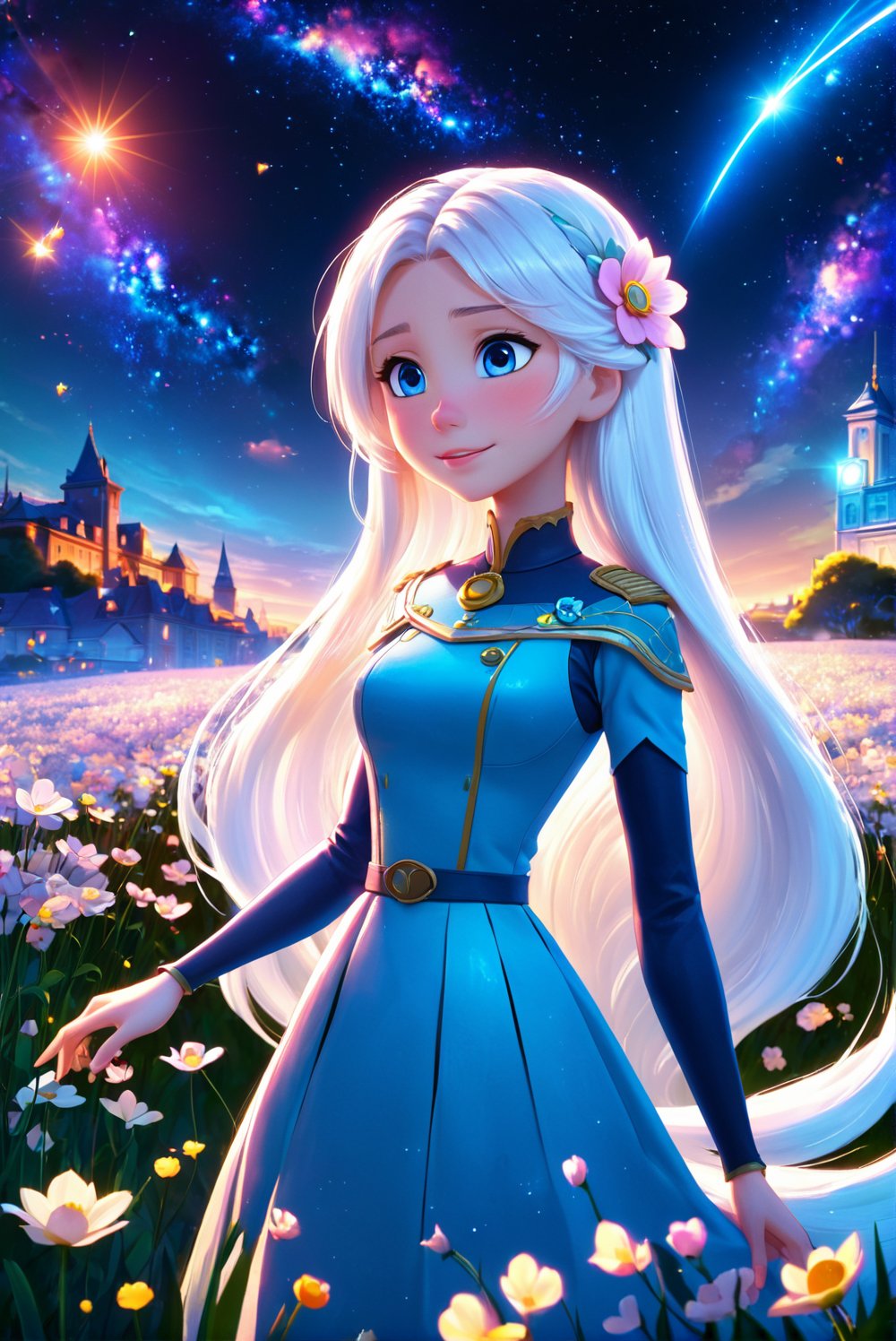 disney pixar style, anime girl, night, blue light behind her, ((Galaxy, Lens flare)), (overly long hair:1.5), white hair, flower field, night sky, cinematic shot. Wallpaper. (Blue color schema), detailed background, a city in the distance