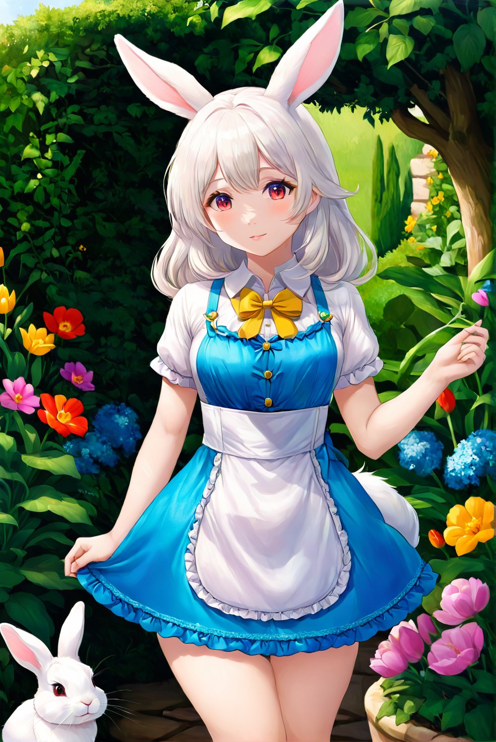 1girl, solo, furry, rabbit girl, white hair, garden