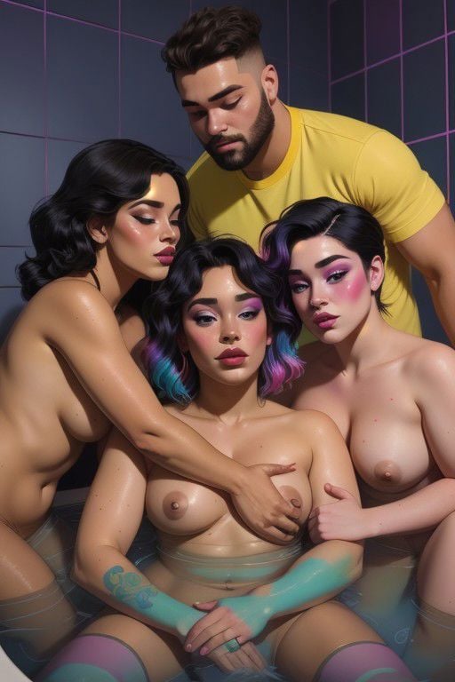 Dark luminous vaporwave color palette with rainbow accents, Fine art, multiple penises, bisexual sex, detailed closeup, chubby, Diverse group of beautiful queer friends having anal sex in a public bath,