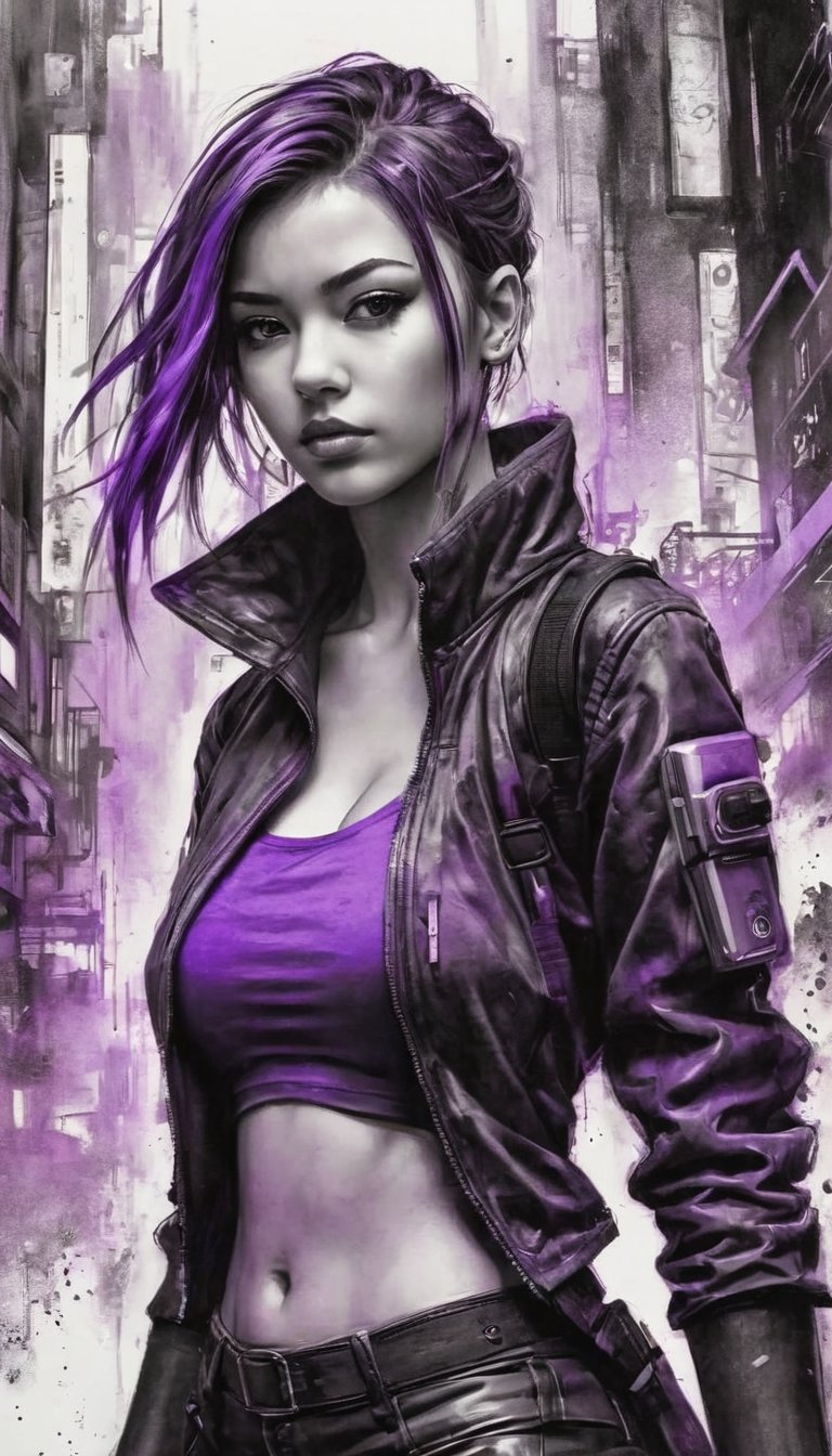 1girl, cyberpunk, selective color purple, ink sketch charcoal ink wash, highly detailed background setting, upward movement