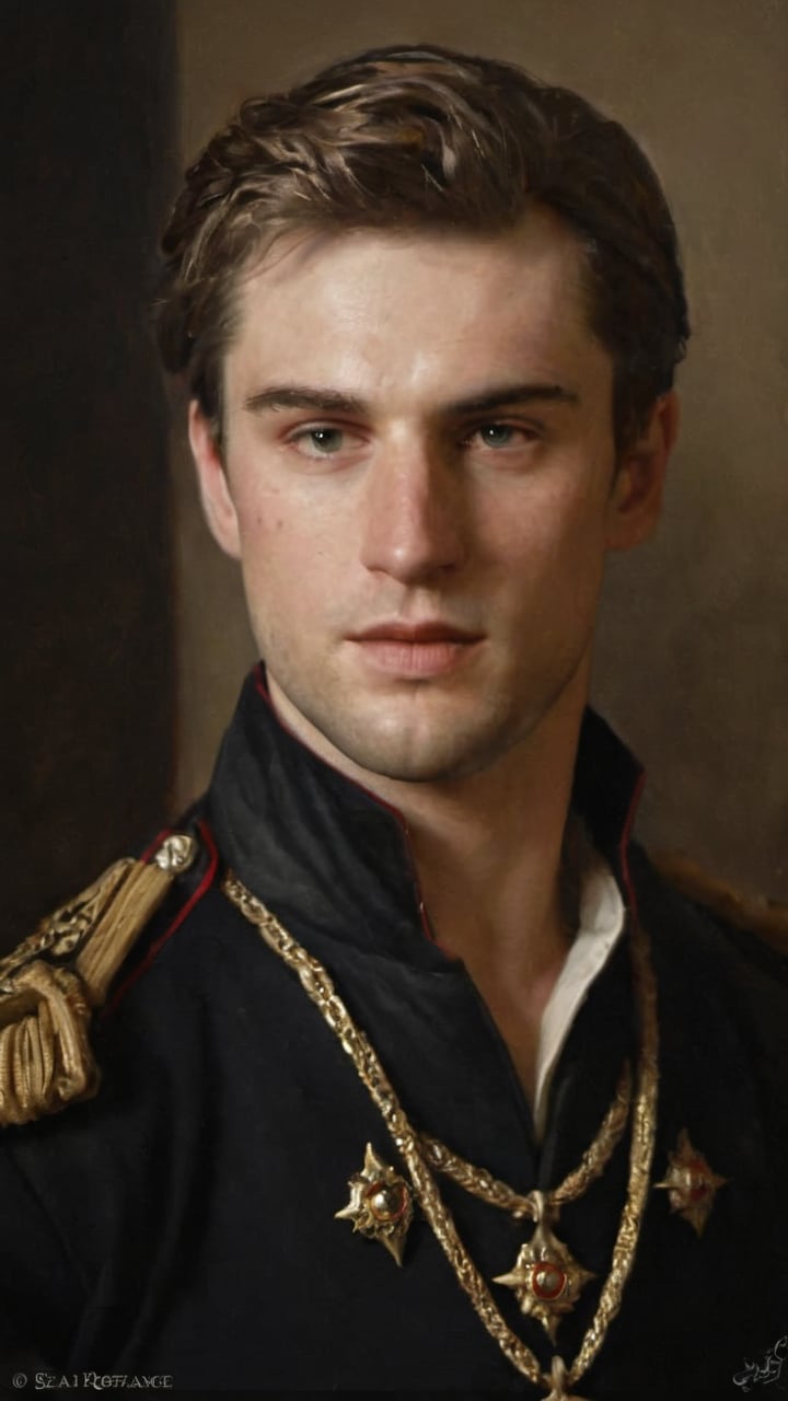 a young handsome prince wearing military royal outfit with armor, wearing a jeweled crown, ((sean o pry)), outdoors (dark age, war setting, kingdom village), medieval hero, regal style coat, (royal commander attire:0.4), royalty, victorean era, ethereal, manly, hairy, chest hair, youthful, stubble, 18 years old, envious, shiny, heroic, pale skin, defined jawline, crooked nose, hot, captain, lustful, masculine, mythology, medieval, fantasy, young, alpha male, handsome male, high fantasy, art by wlop, facing in front (portrait close-up), renaissance painting, masterpiece
8k, cinematic lighting, very dramatic, very artistic, soft aesthetic, innocent, art by john singer sargent, greg rutkowski, oil painting,BloodPunkAI