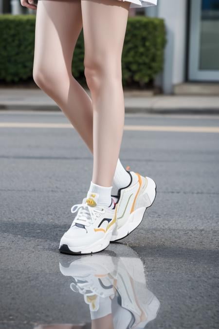 RAW photo,8k uhd,dslr,soft lighting,high quality,film grain,(outdoors:1.4),(street:1.3),masterpiece,Fujifilm XT3,slender leg,shoes,1girl,solo,legs,reflection,lower body,white footwear,sneakers,