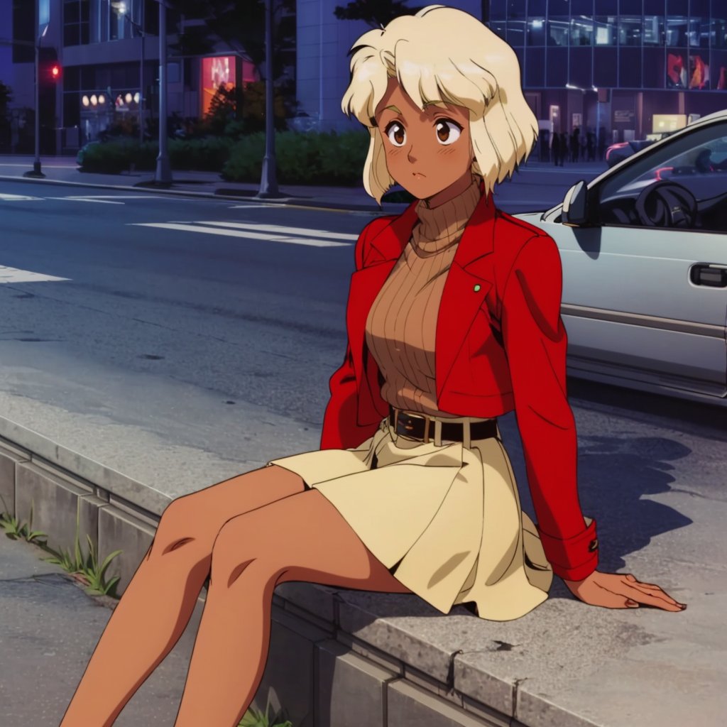 <lora:LisaVanetta002:0.7>,<lora:add_detail:0.5>,<lora:noline:0.3>,<lora:boldline:-0.3>,LisaVanetta,1girl,short hair,dark skin,red jacket,sweater,turtleneck,belt,yellow skirt,full body,sitting,