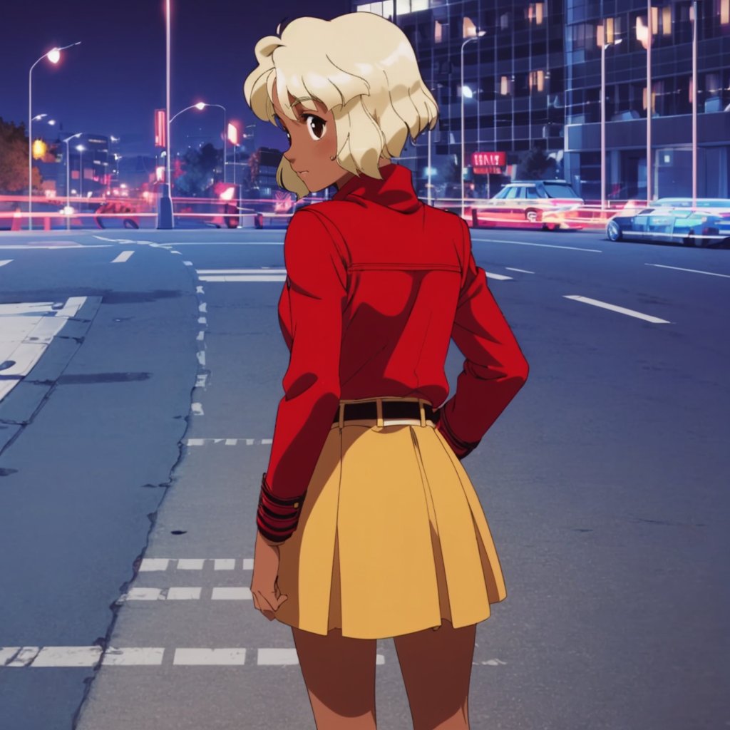 <lora:LisaVanetta002:0.7>,<lora:add_detail:0.5>,<lora:noline:0.3>,<lora:boldline:-0.3>,looking back,LisaVanetta,1girl,short hair,dark skin,red jacket,sweater,turtleneck,belt,yellow skirt,full body,